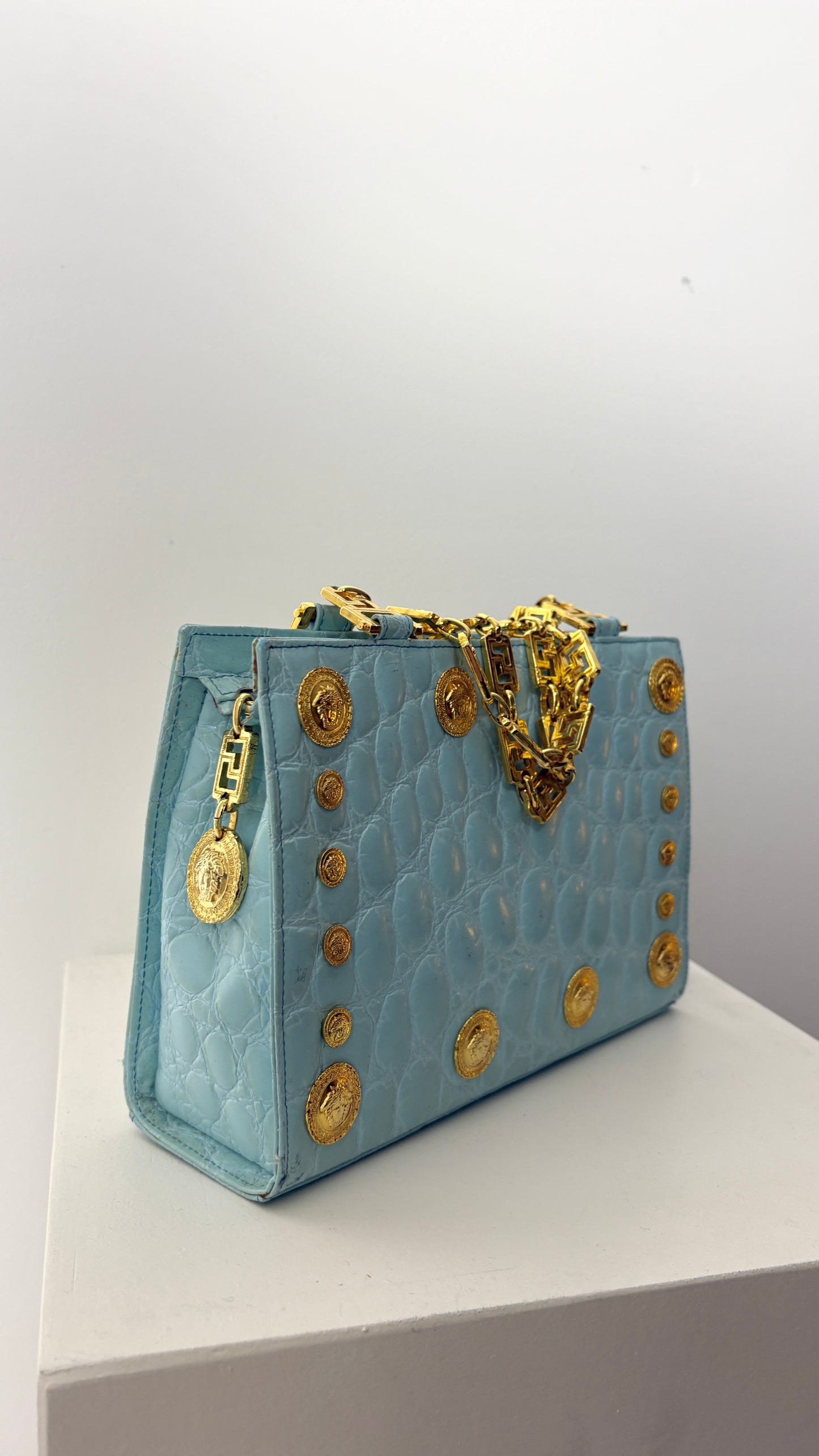 Gianni Versace powder blue crocodile purse