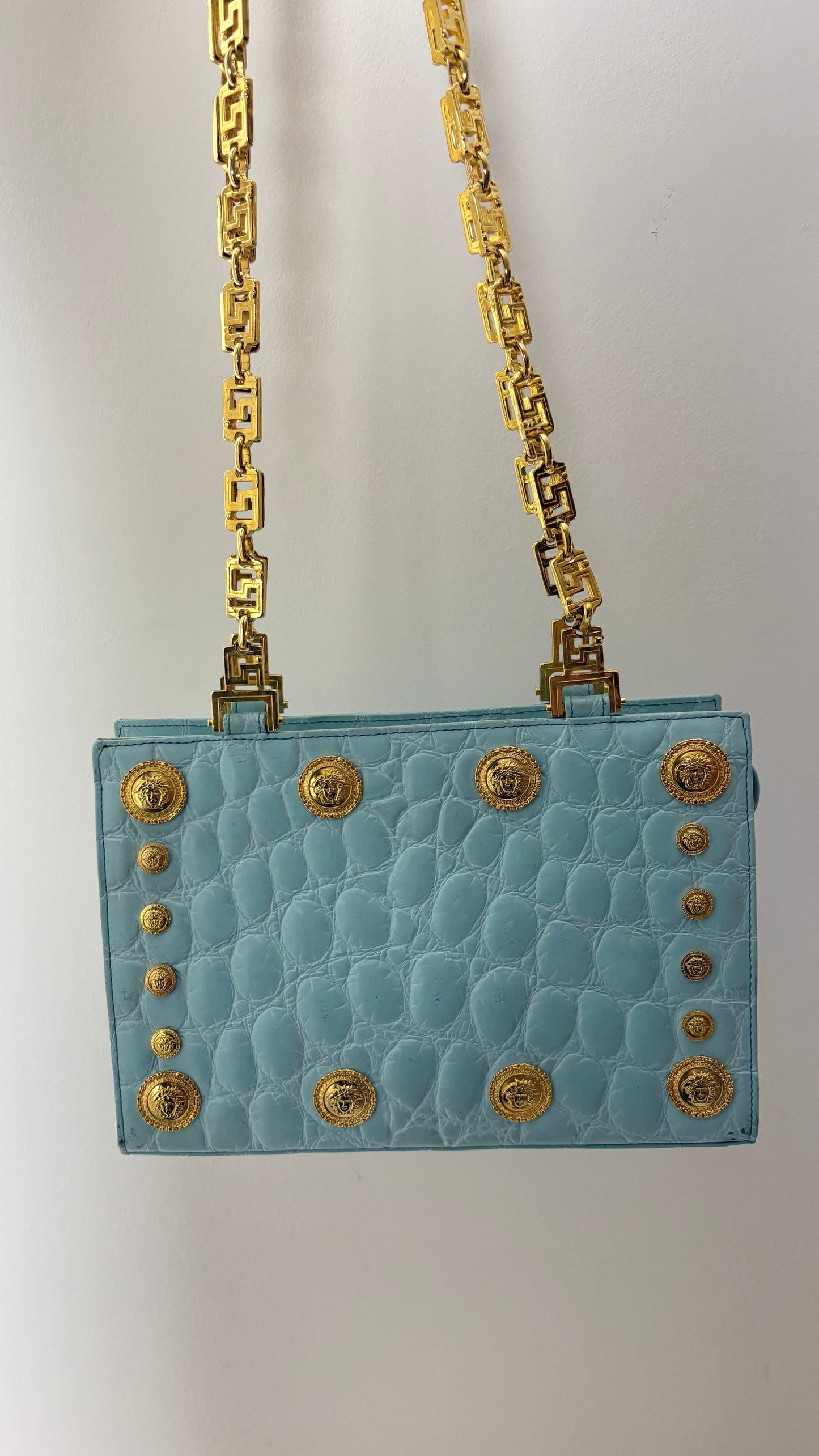 Gianni Versace powder blue crocodile purse