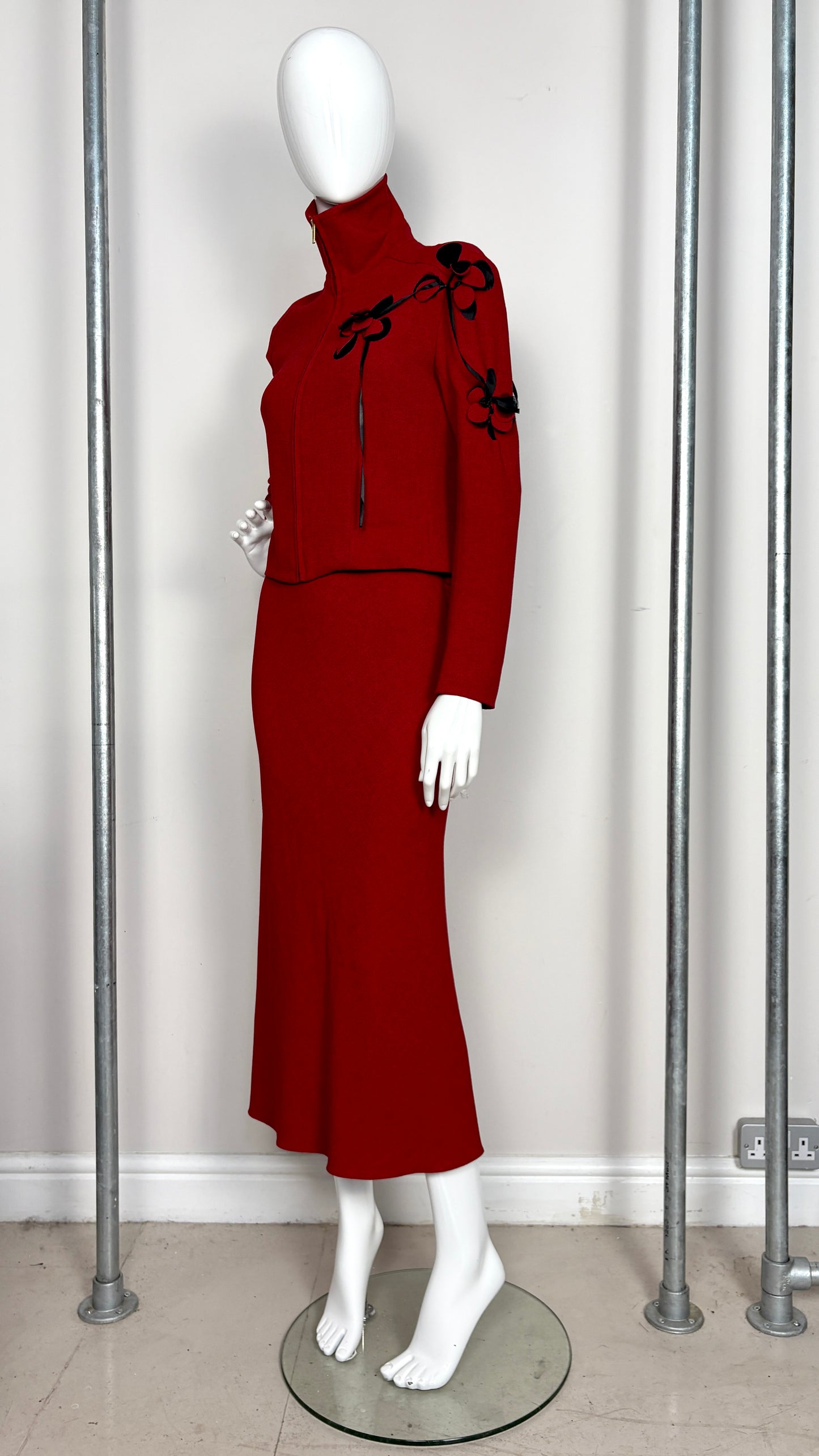 John Galliano red and black laser cut ensemble