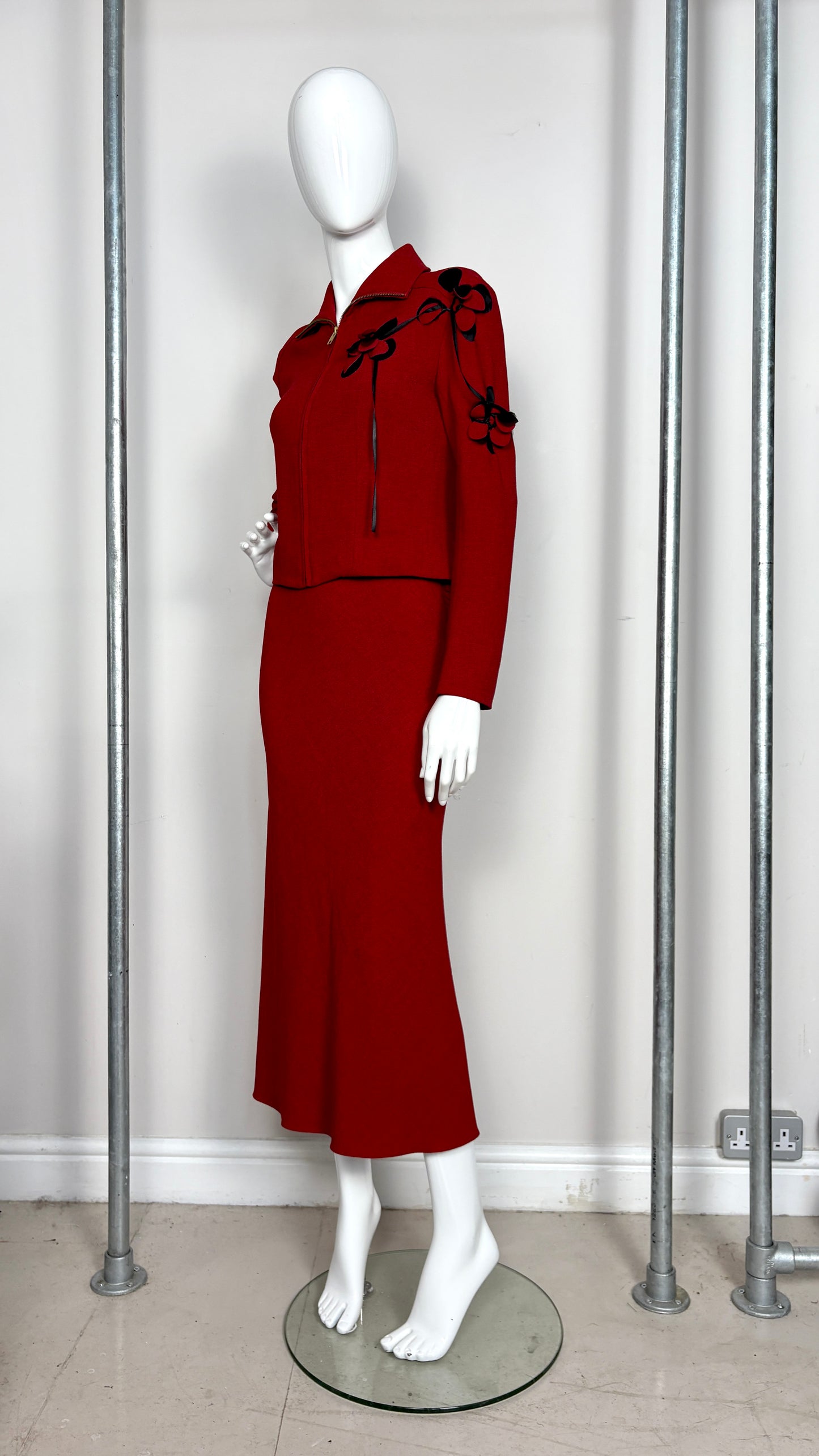 John Galliano red and black laser cut ensemble