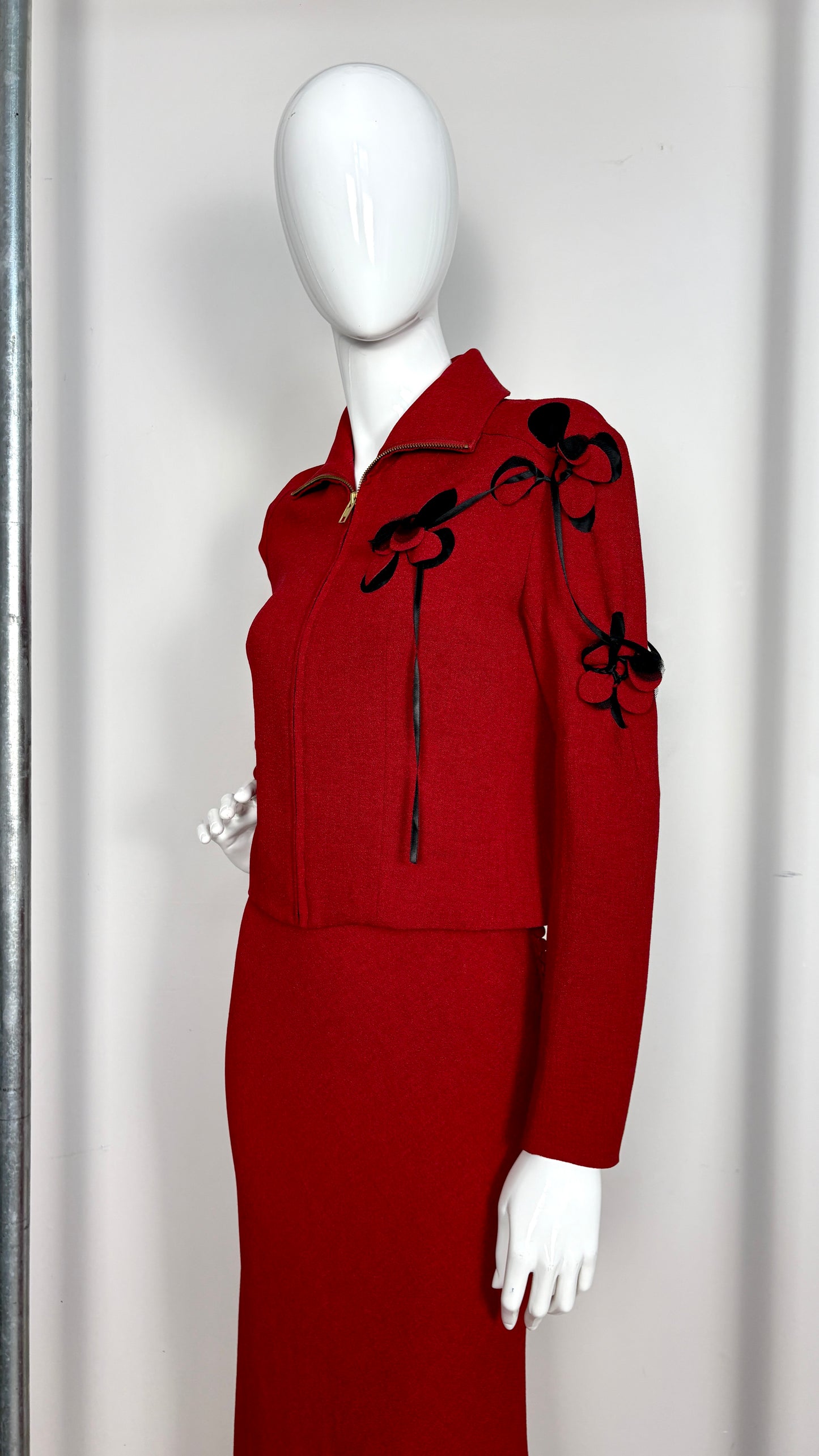 John Galliano red and black laser cut ensemble