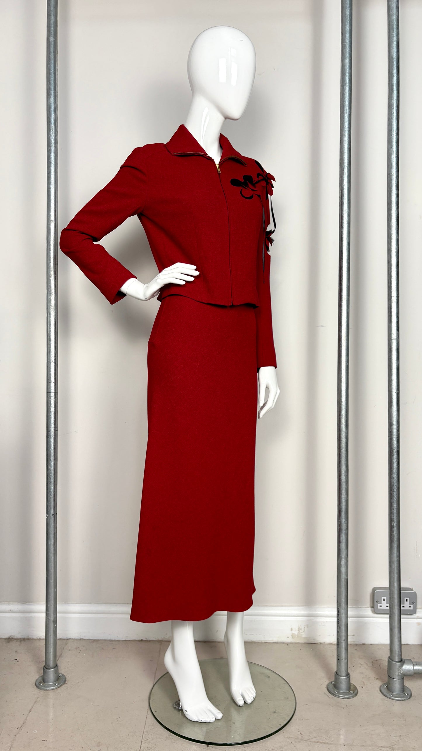 John Galliano red and black laser cut ensemble