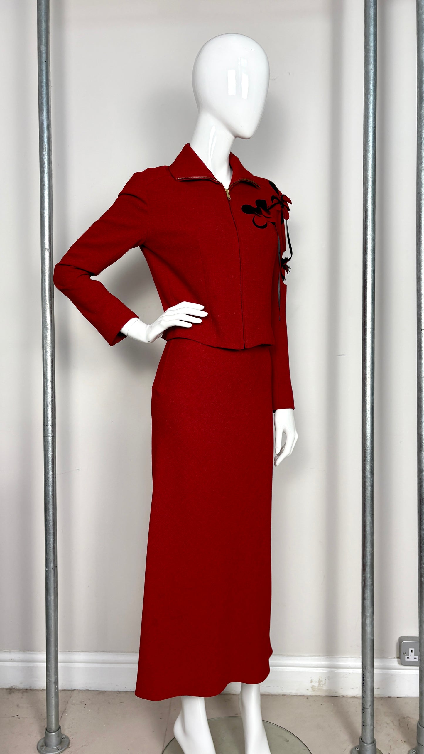 John Galliano red and black laser cut ensemble