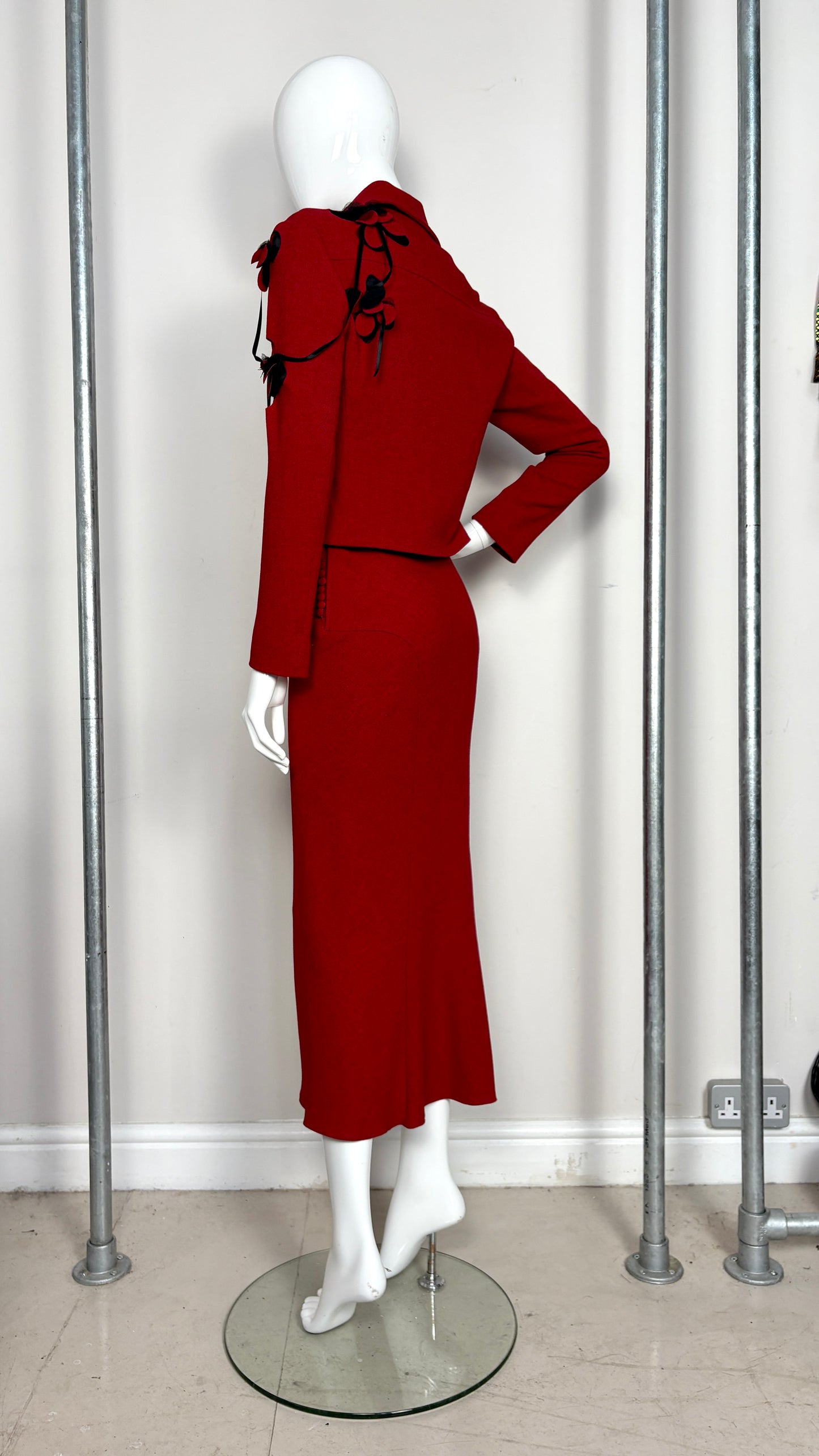 John Galliano red and black laser cut ensemble