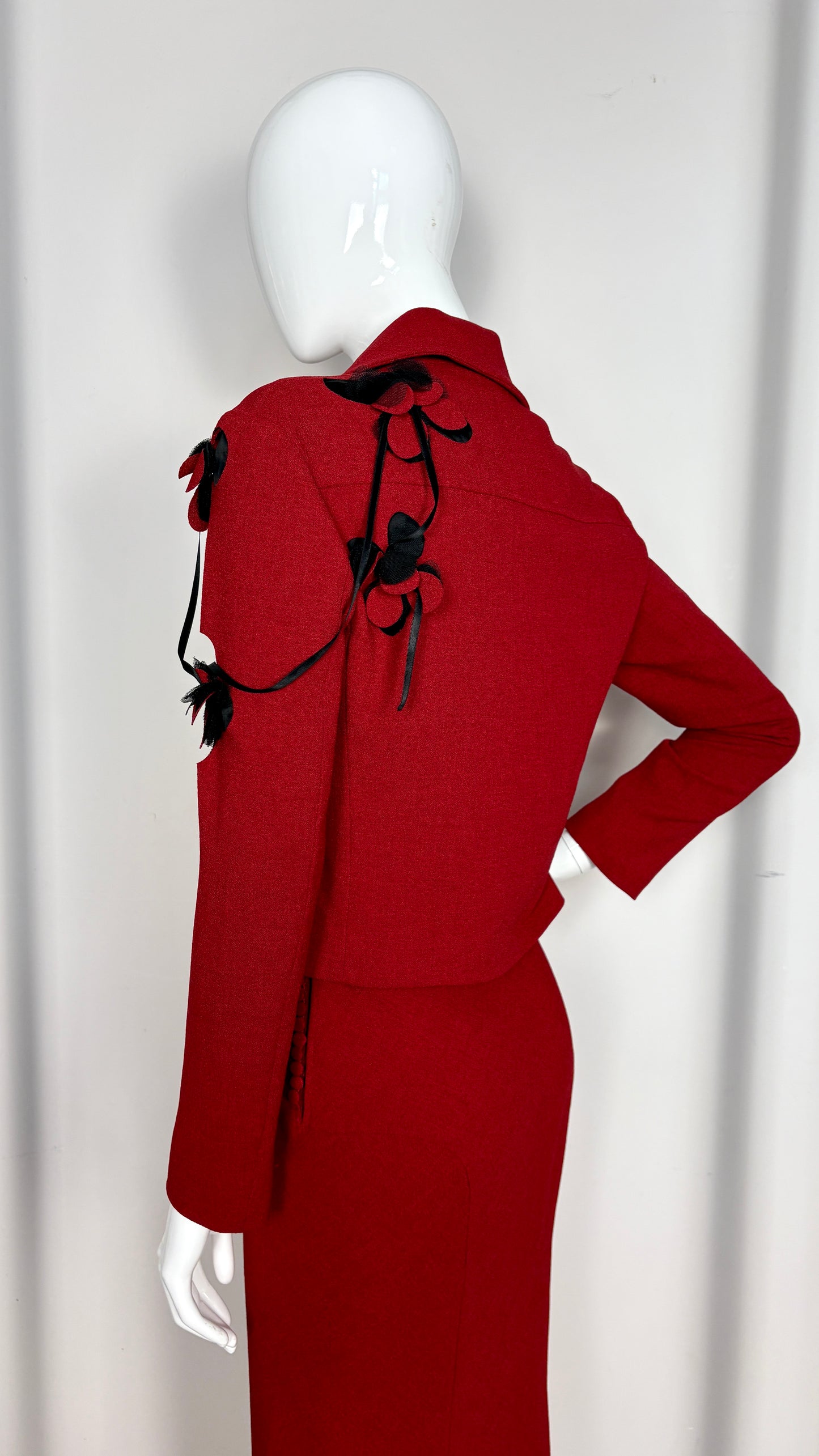 John Galliano red and black laser cut ensemble