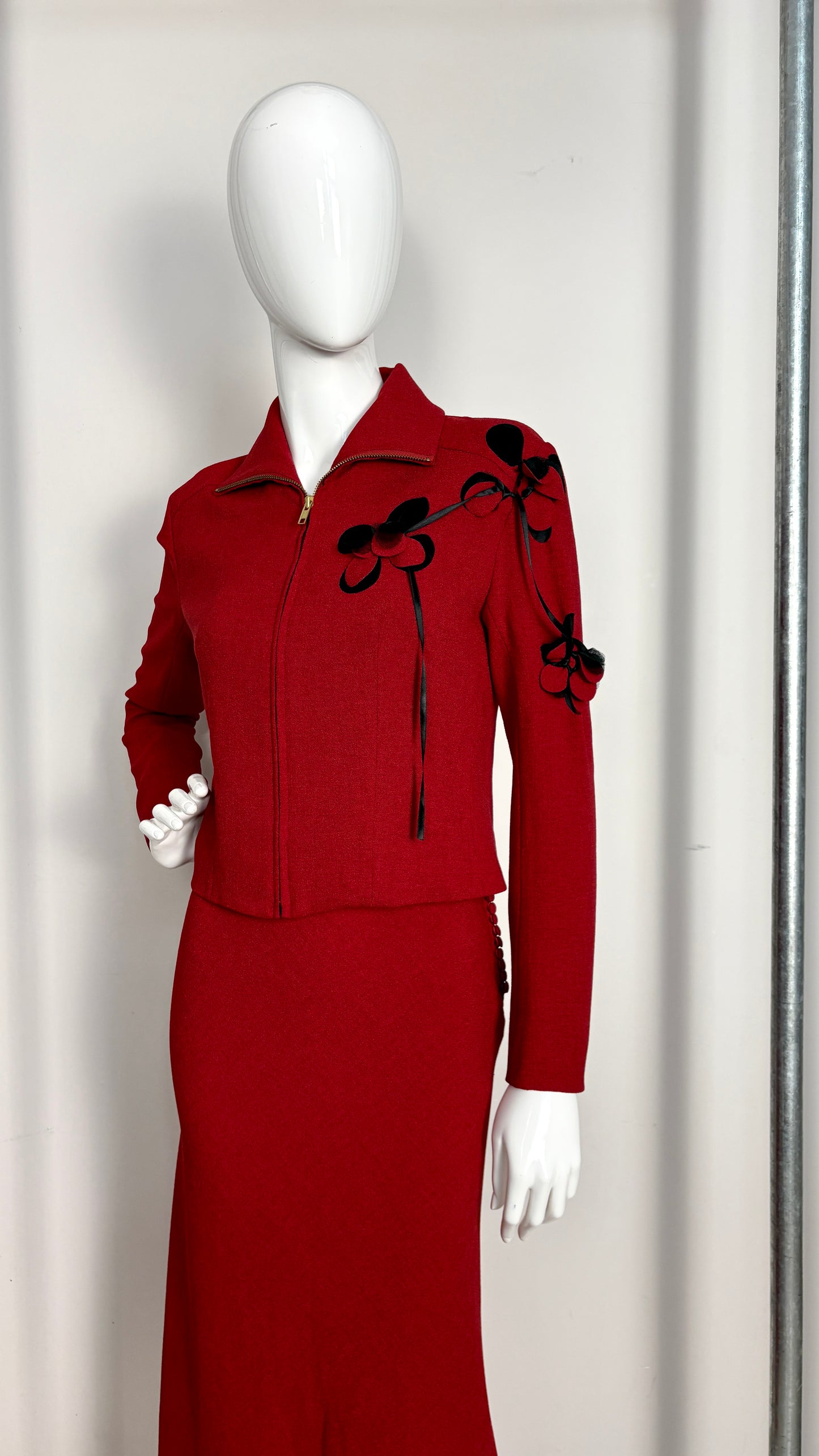John Galliano red and black laser cut ensemble