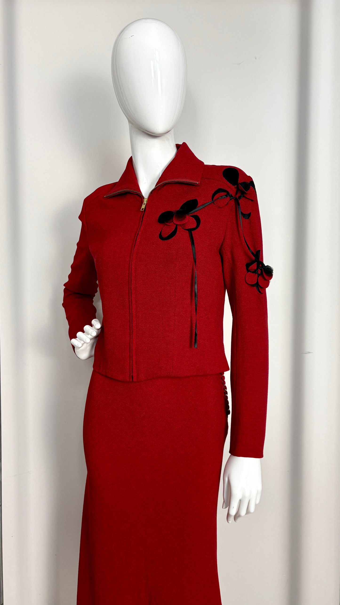 John Galliano red and black laser cut ensemble