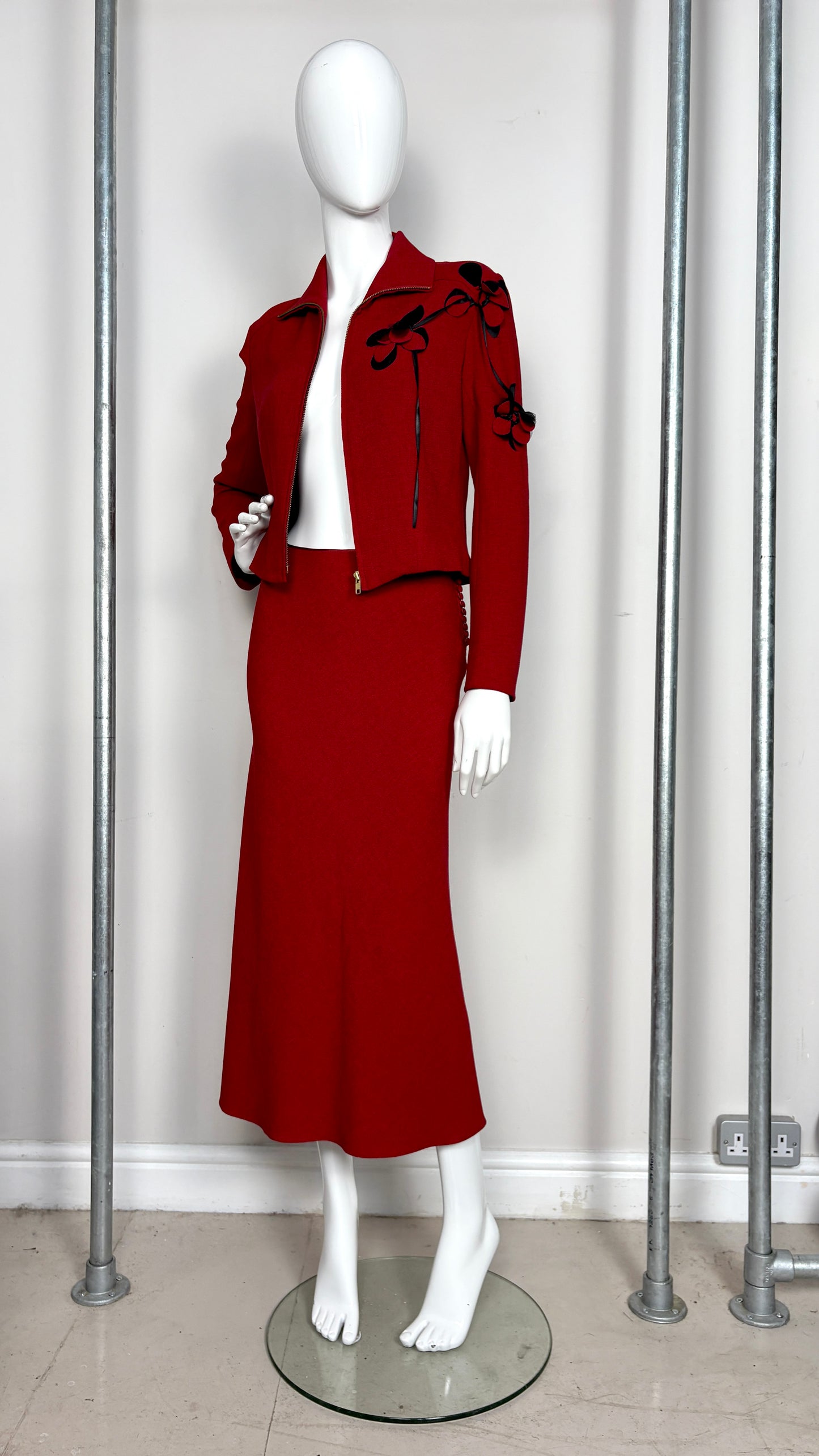 John Galliano red and black laser cut ensemble