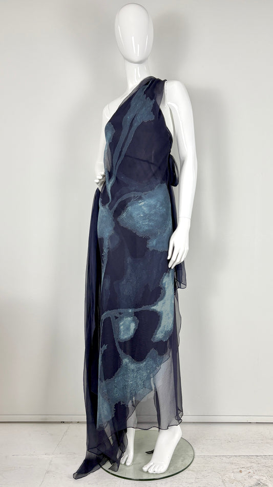 Donna Karan S/S 2000 floral print chiffon asymmetric dress