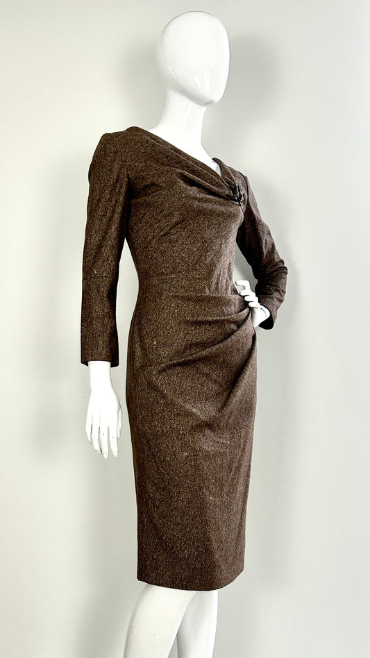 Alexander McQueen A/W 2006 draped tweed dress with wolf broach