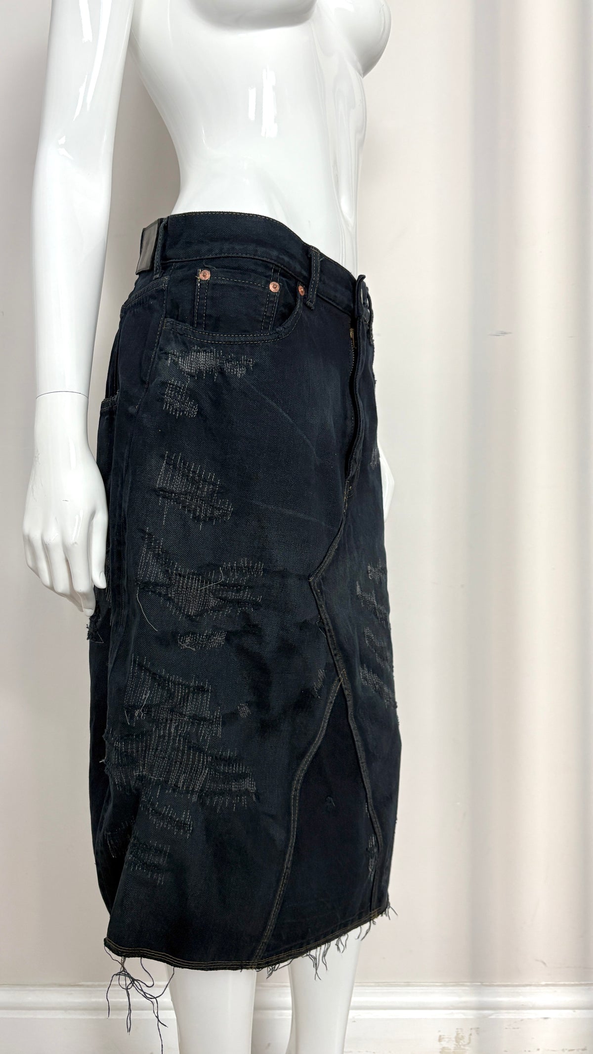 Junya Watanabe panelled denim skirt with embroidery