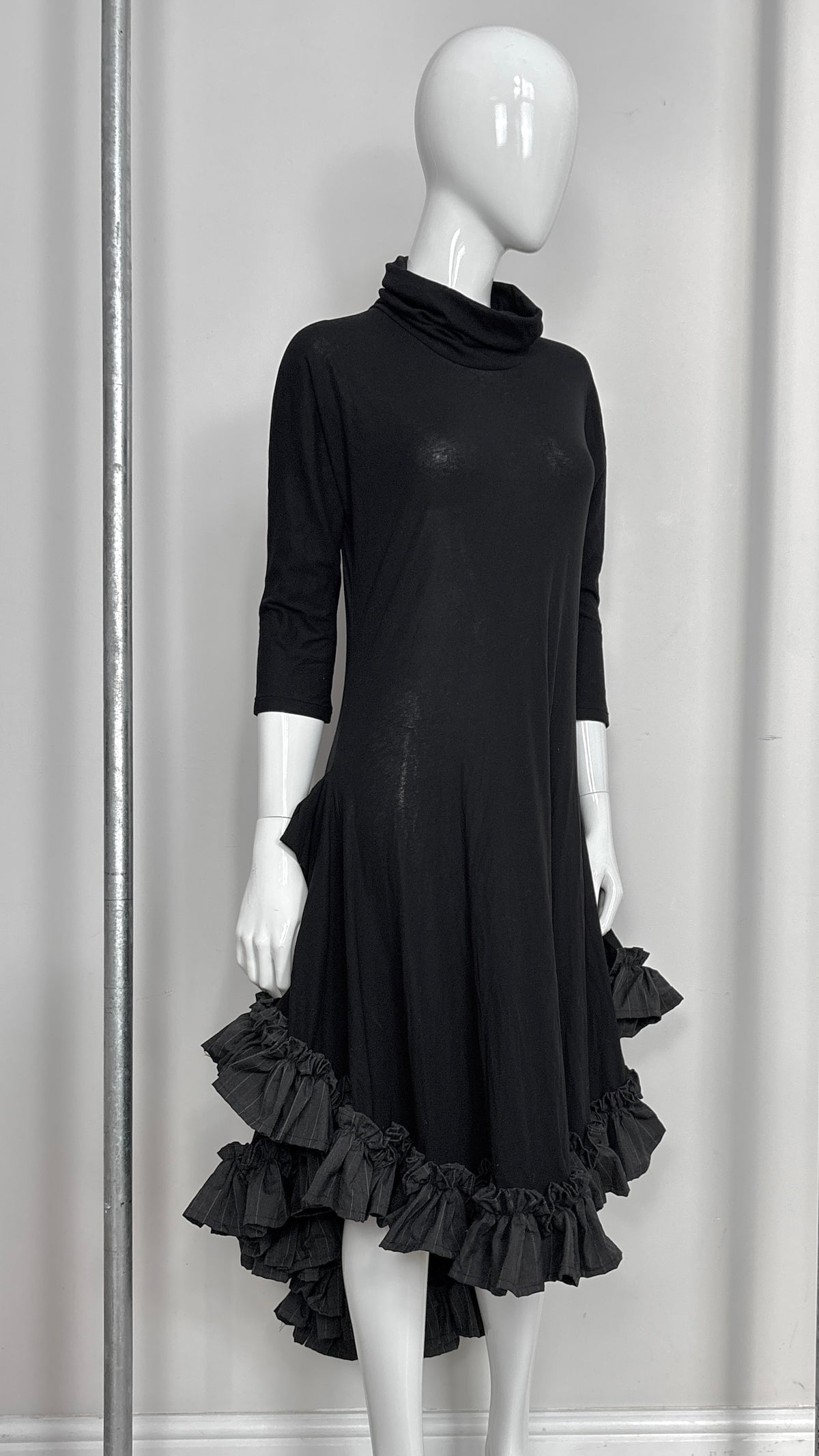 Yohji Yamamoto S/S 1999 jersey dress with grey pinstripe ruffle trim