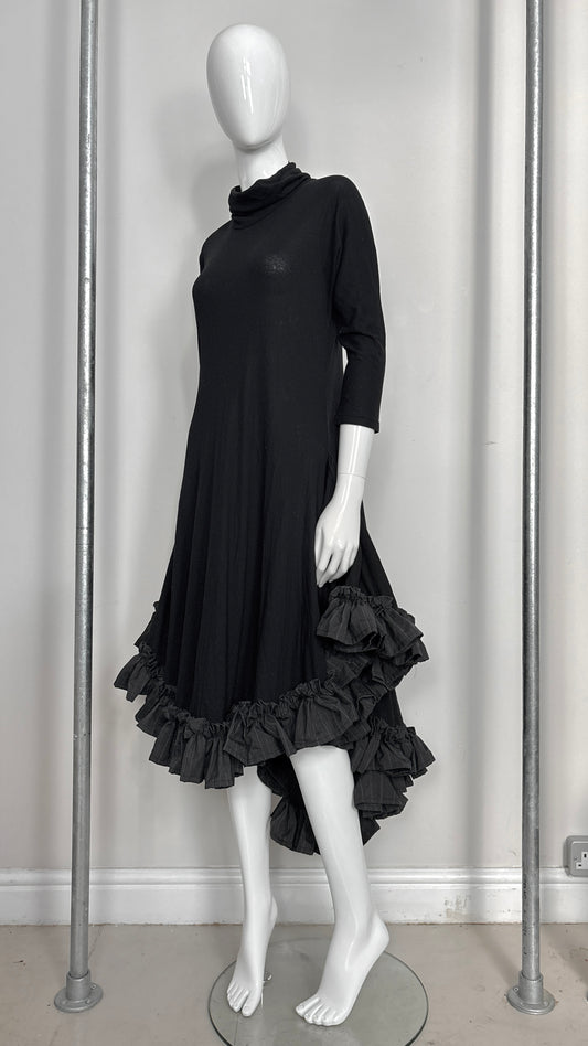 Yohji Yamamoto S/S 1999 jersey dress with grey pinstripe ruffle trim