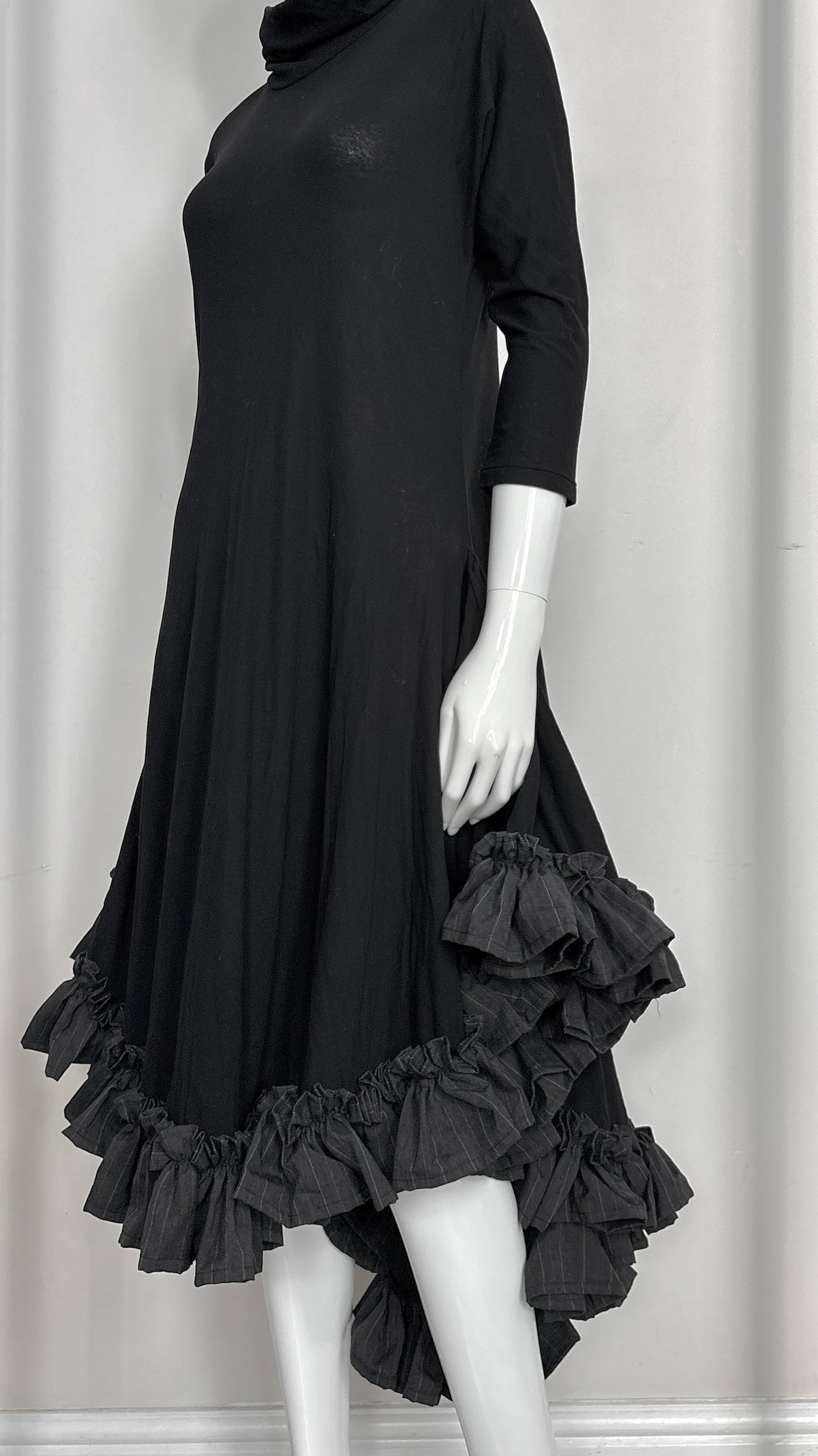 Yohji Yamamoto S/S 1999 jersey dress with grey pinstripe ruffle trim