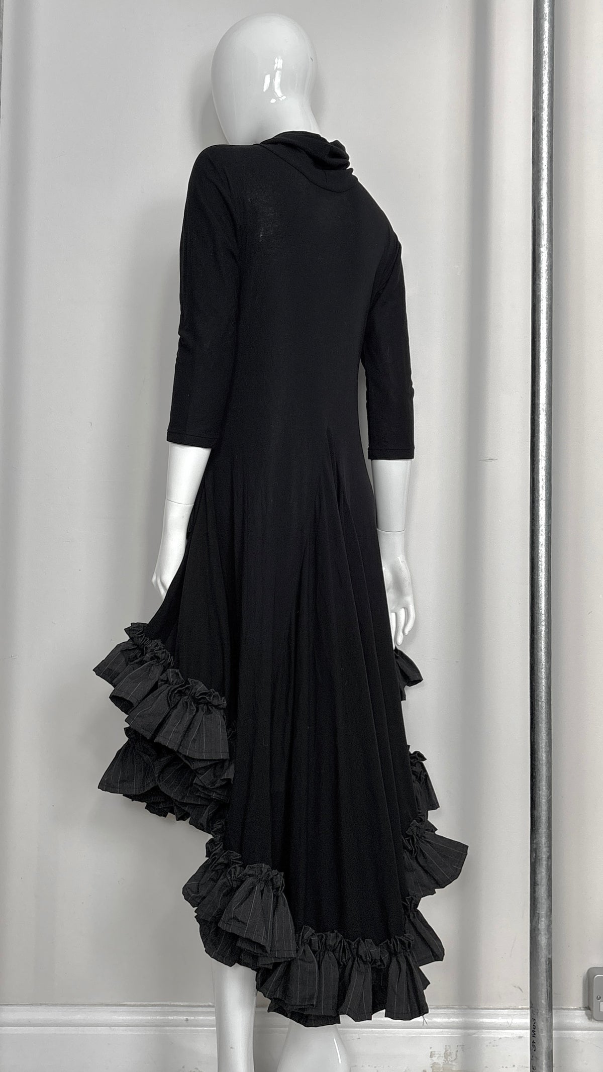 Yohji Yamamoto S/S 1999 jersey dress with grey pinstripe ruffle trim