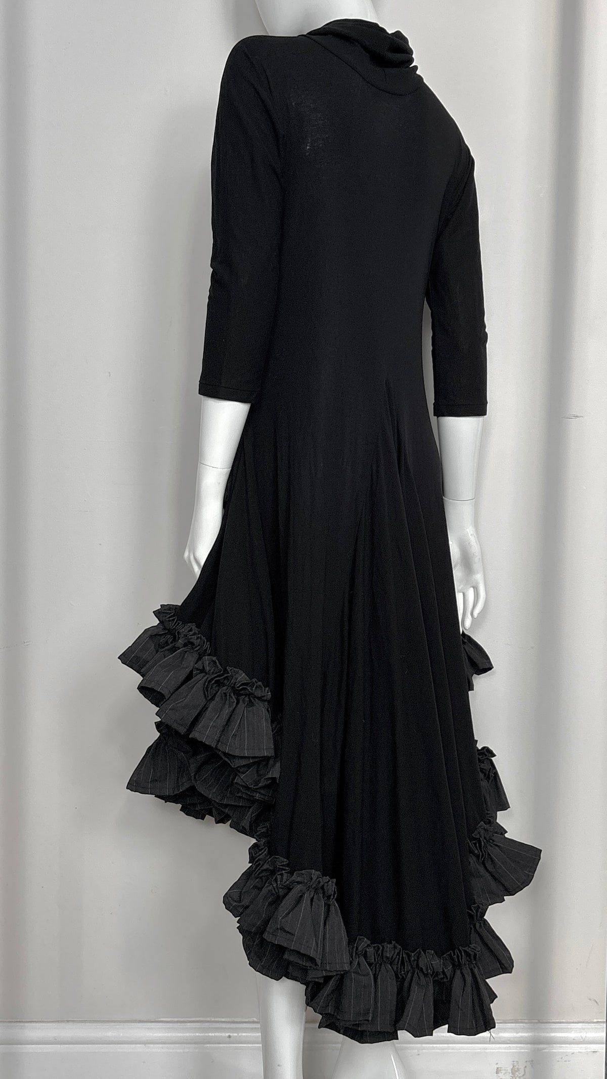 Yohji Yamamoto S/S 1999 jersey dress with grey pinstripe ruffle trim