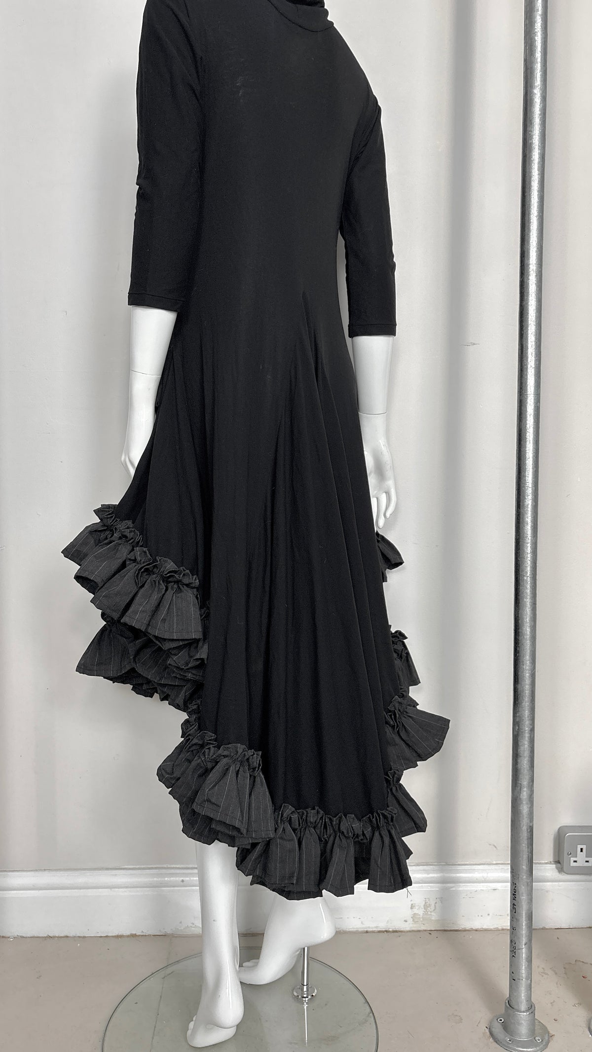 Yohji Yamamoto S/S 1999 jersey dress with grey pinstripe ruffle trim