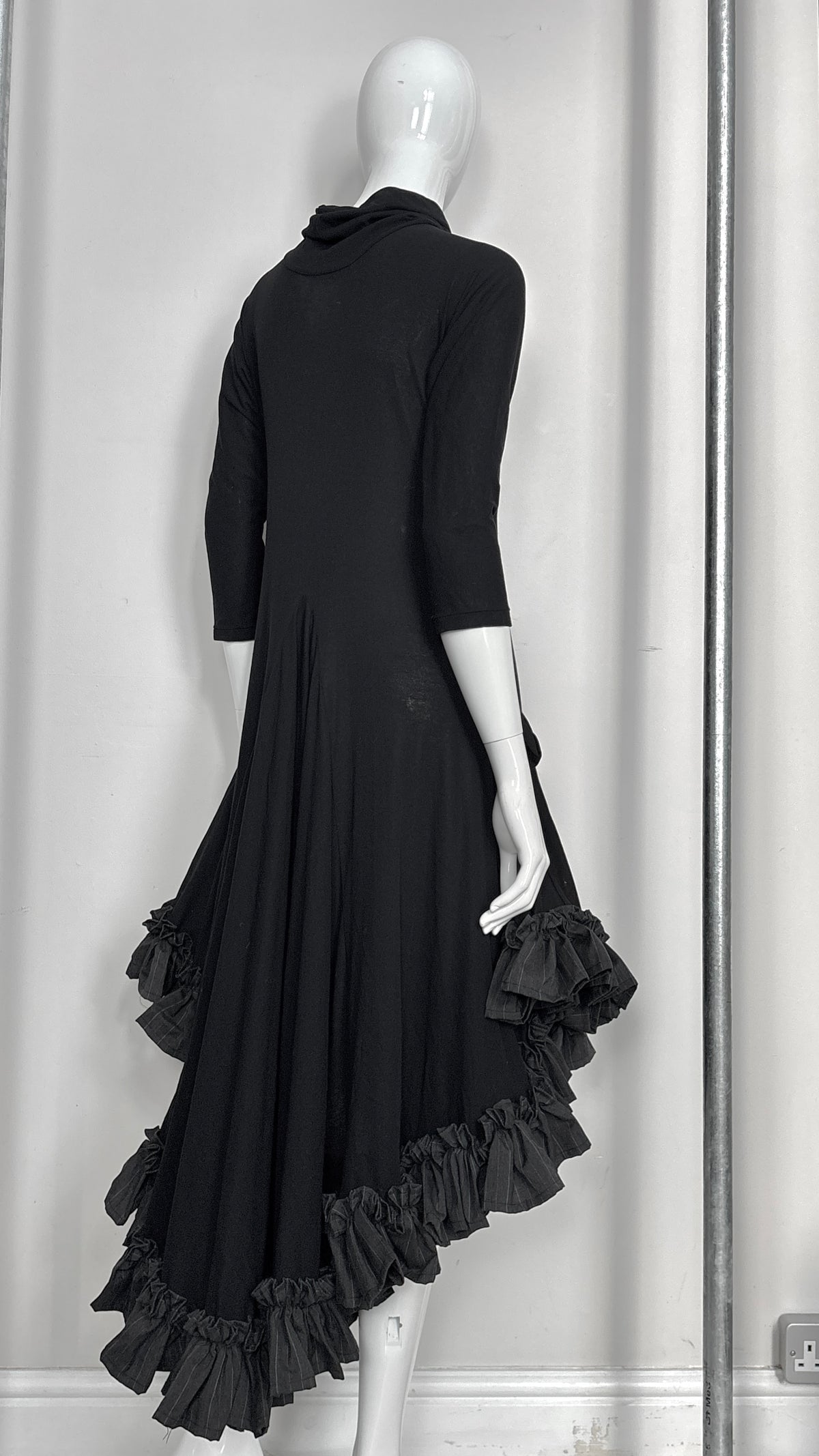 Yohji Yamamoto S/S 1999 jersey dress with grey pinstripe ruffle trim