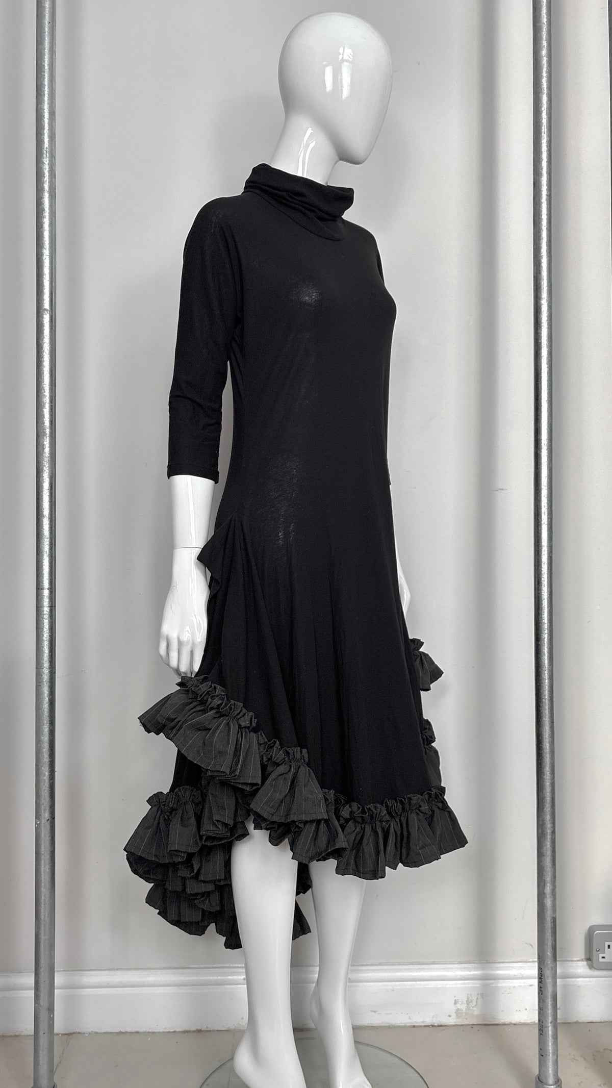 Yohji Yamamoto S/S 1999 jersey dress with grey pinstripe ruffle trim