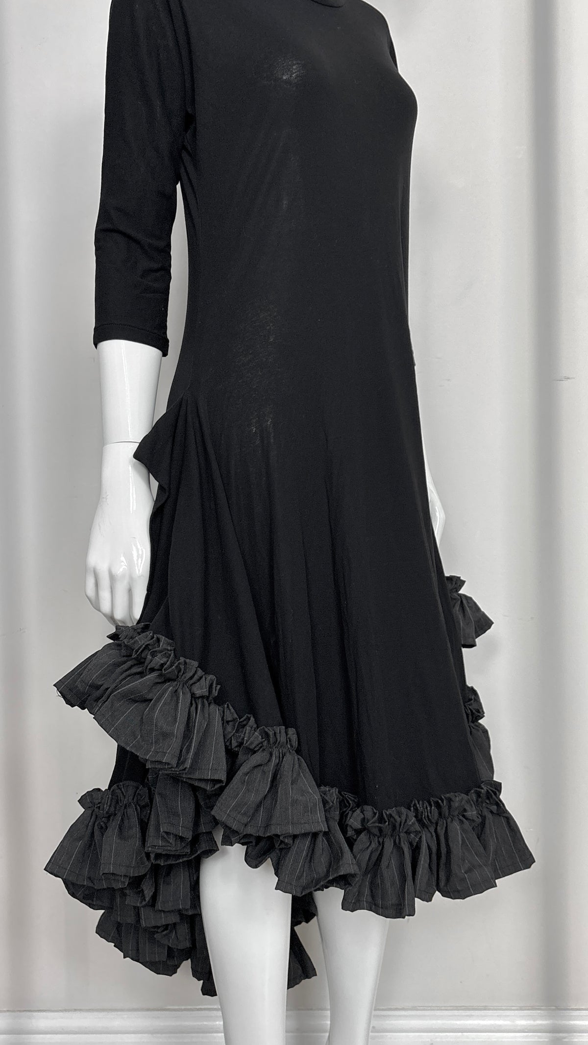 Yohji Yamamoto S/S 1999 jersey dress with grey pinstripe ruffle trim