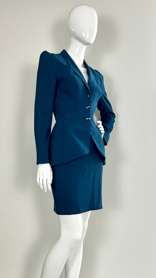 Thierry Mugler turquoise suit with silver hardware