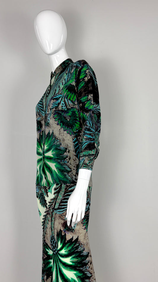 Roberto Cavalli tropical print blouse and satin skirt ensemble