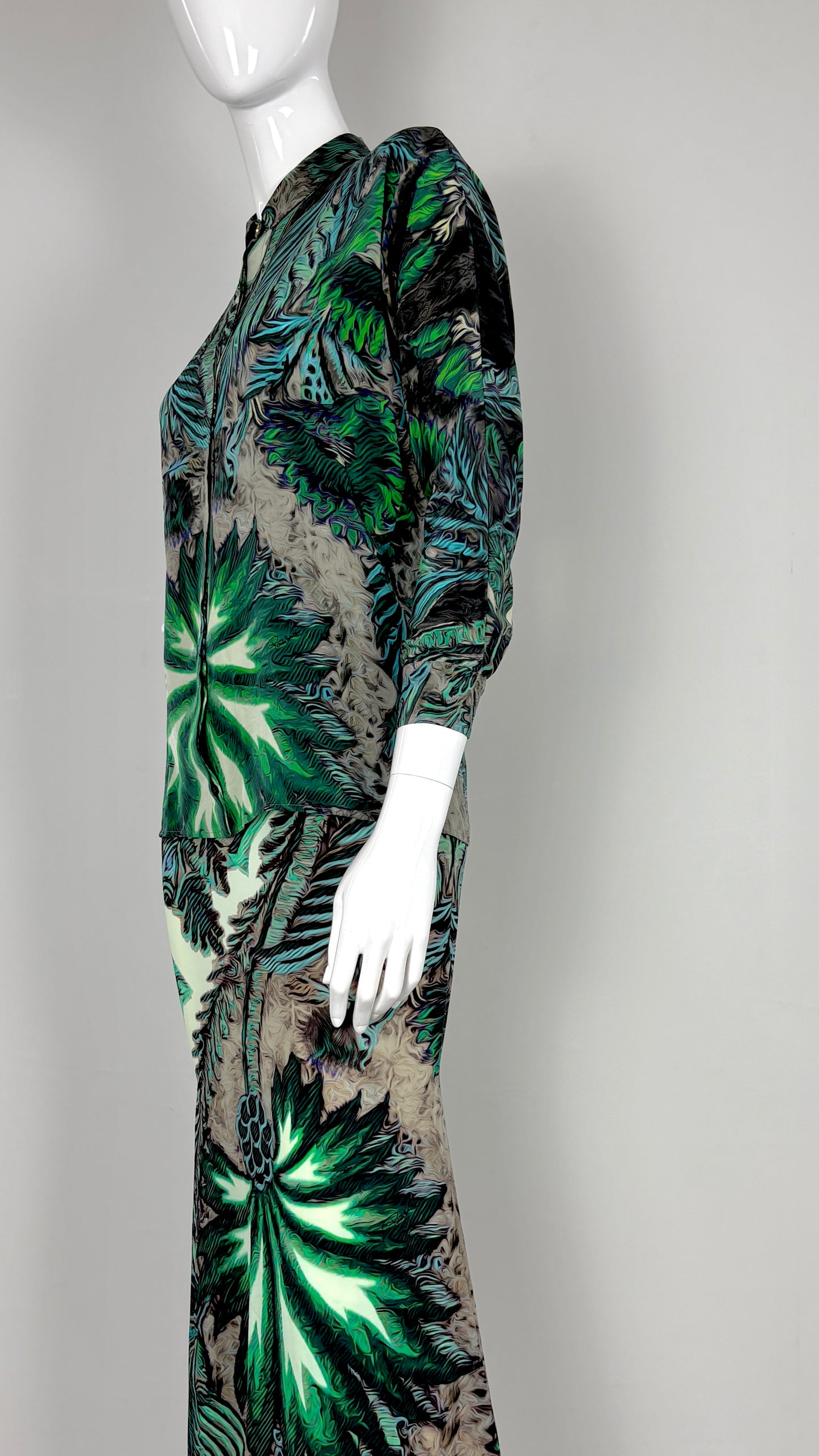 Roberto Cavalli tropical print blouse and satin skirt ensemble