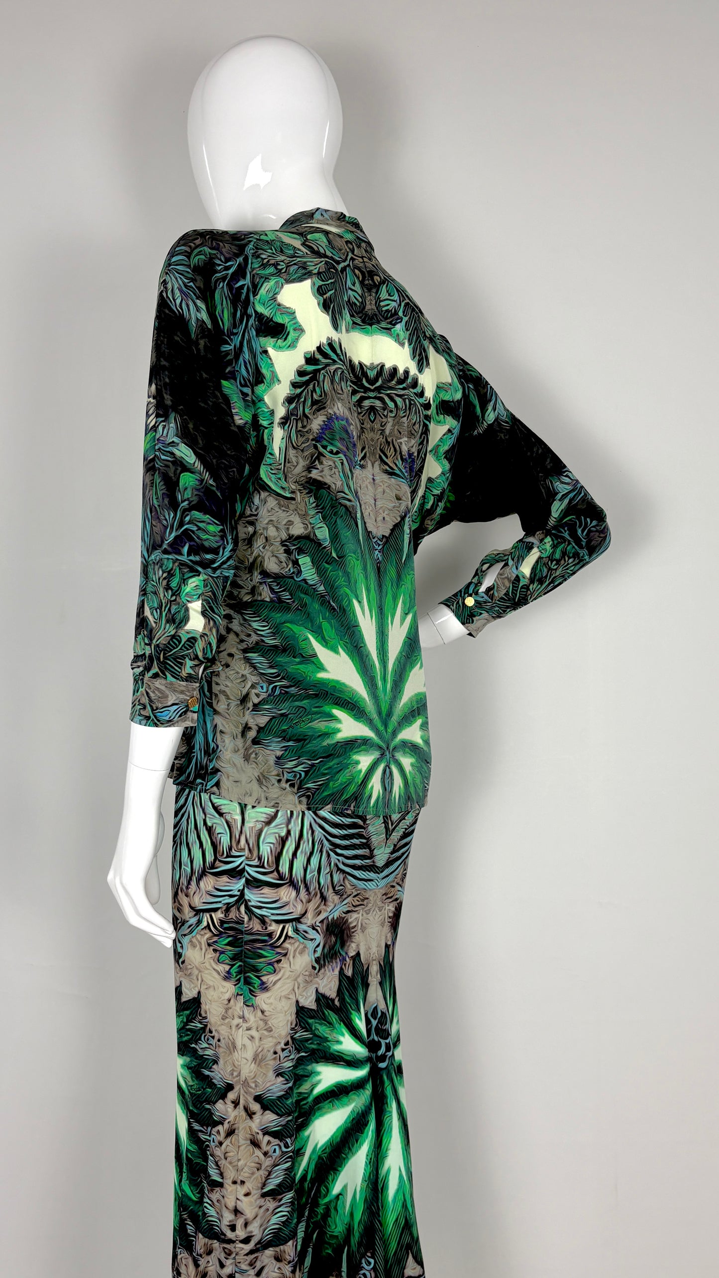 Roberto Cavalli tropical print blouse and satin skirt ensemble