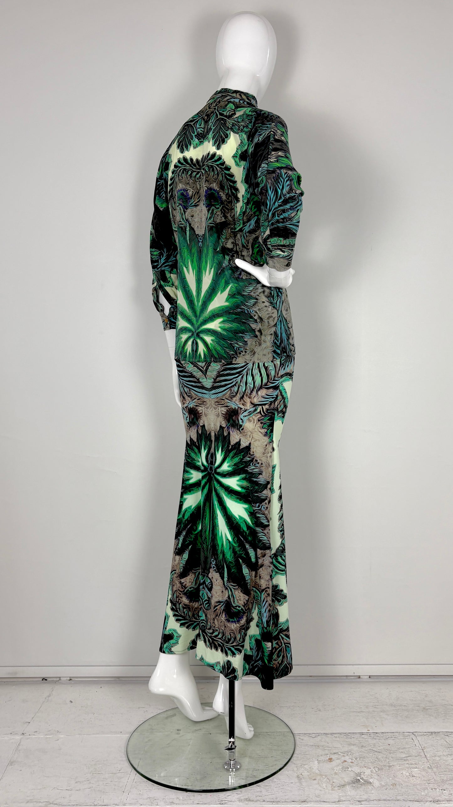 Roberto Cavalli tropical print blouse and satin skirt ensemble