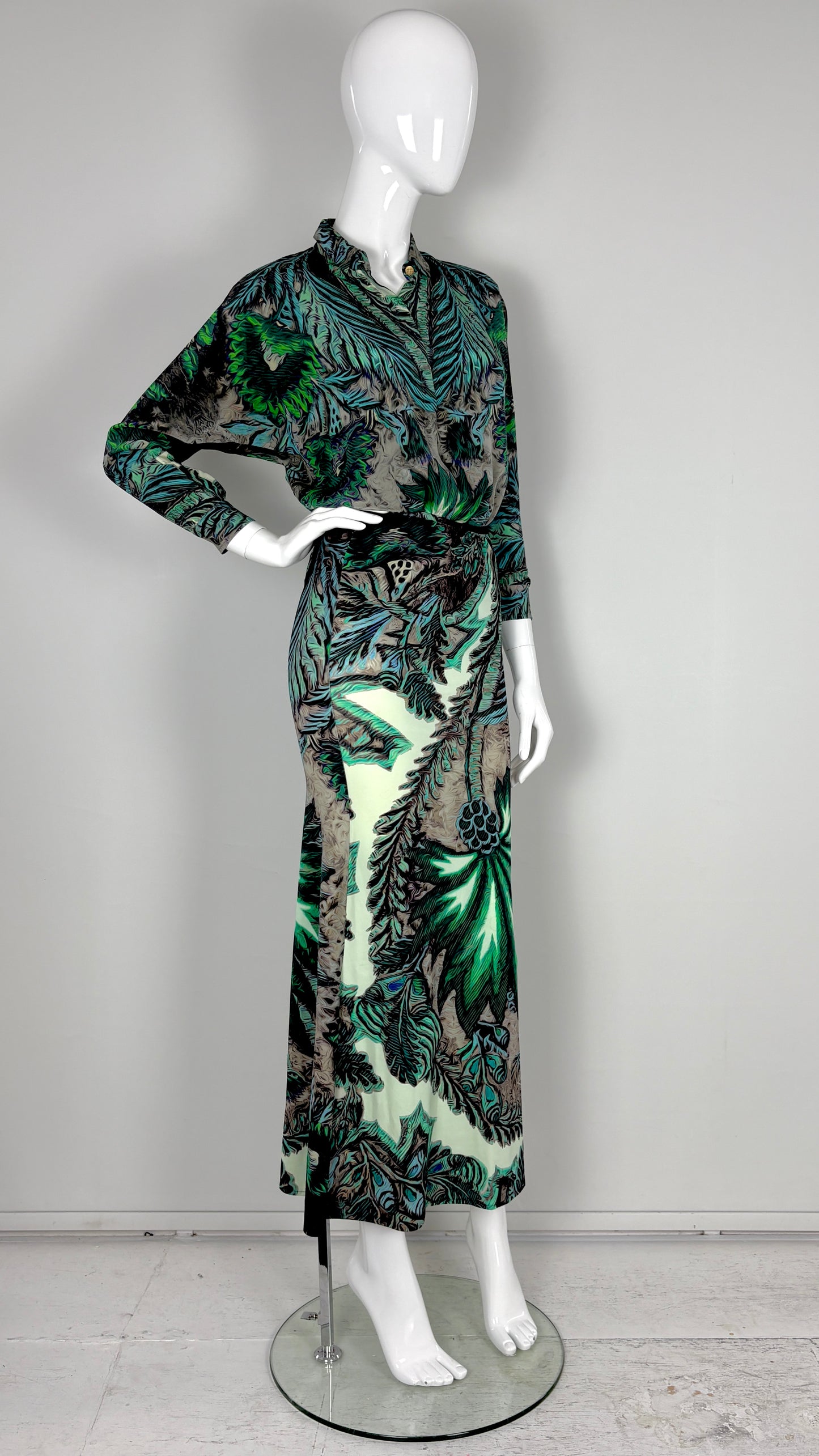 Roberto Cavalli tropical print blouse and satin skirt ensemble