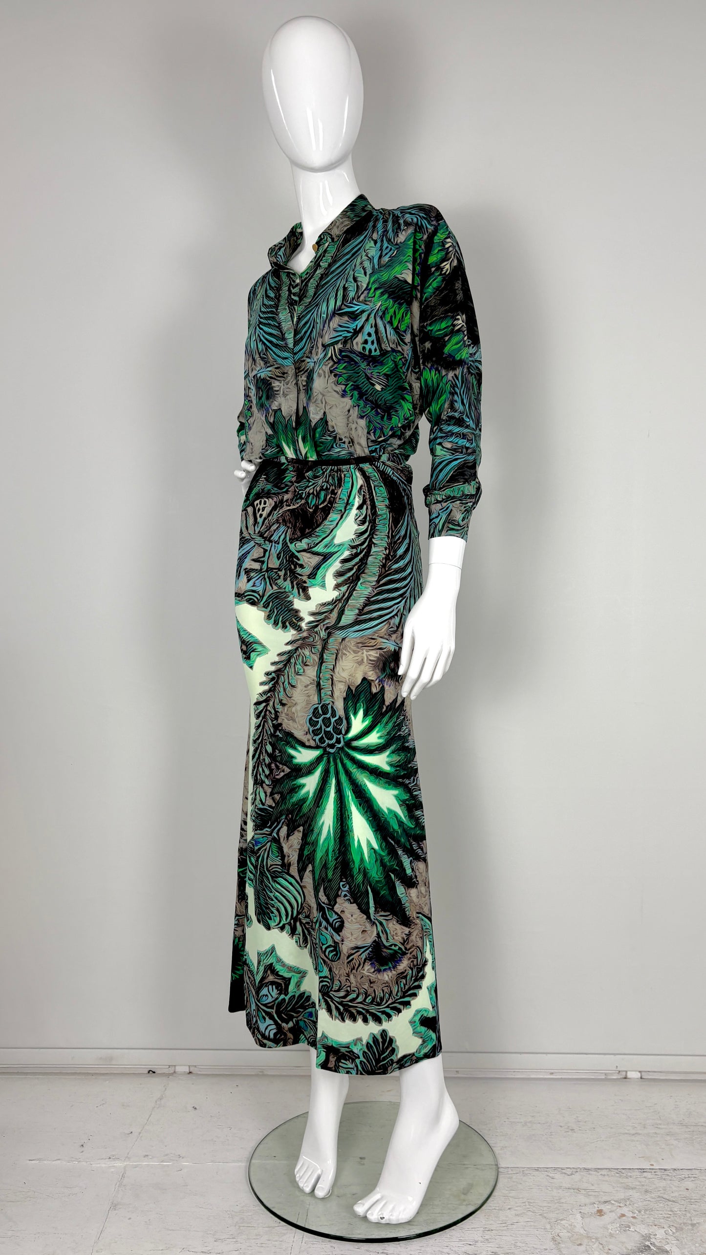 Roberto Cavalli tropical print blouse and satin skirt ensemble