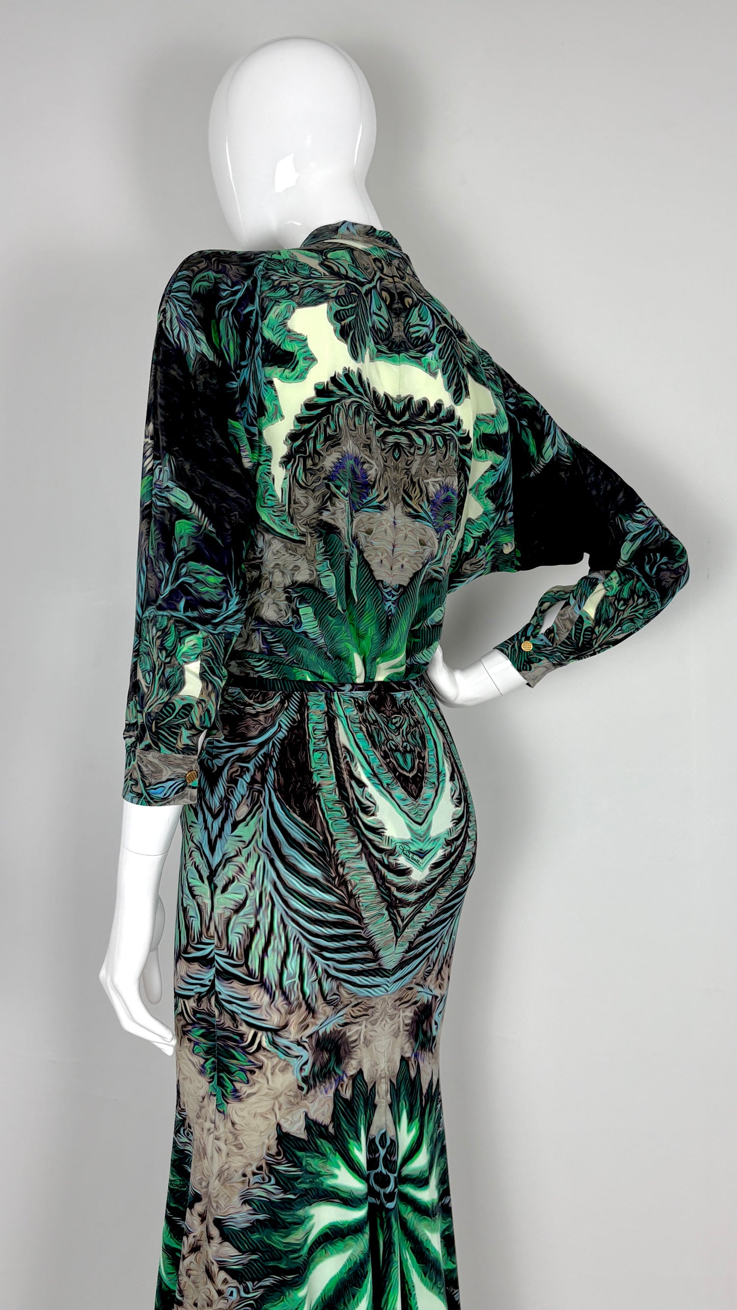 Roberto Cavalli tropical print blouse and satin skirt ensemble