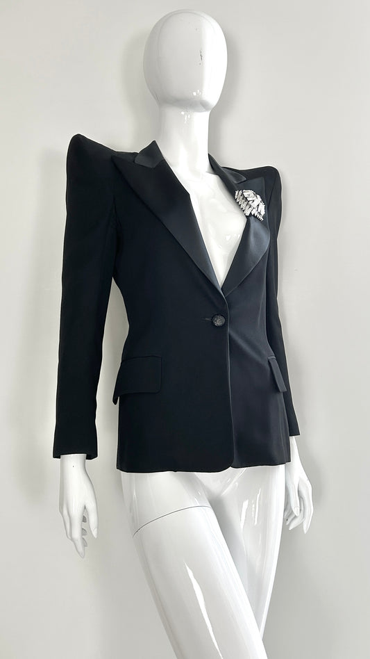 Balmain dramatic shoulder jacket with broach and embroidery