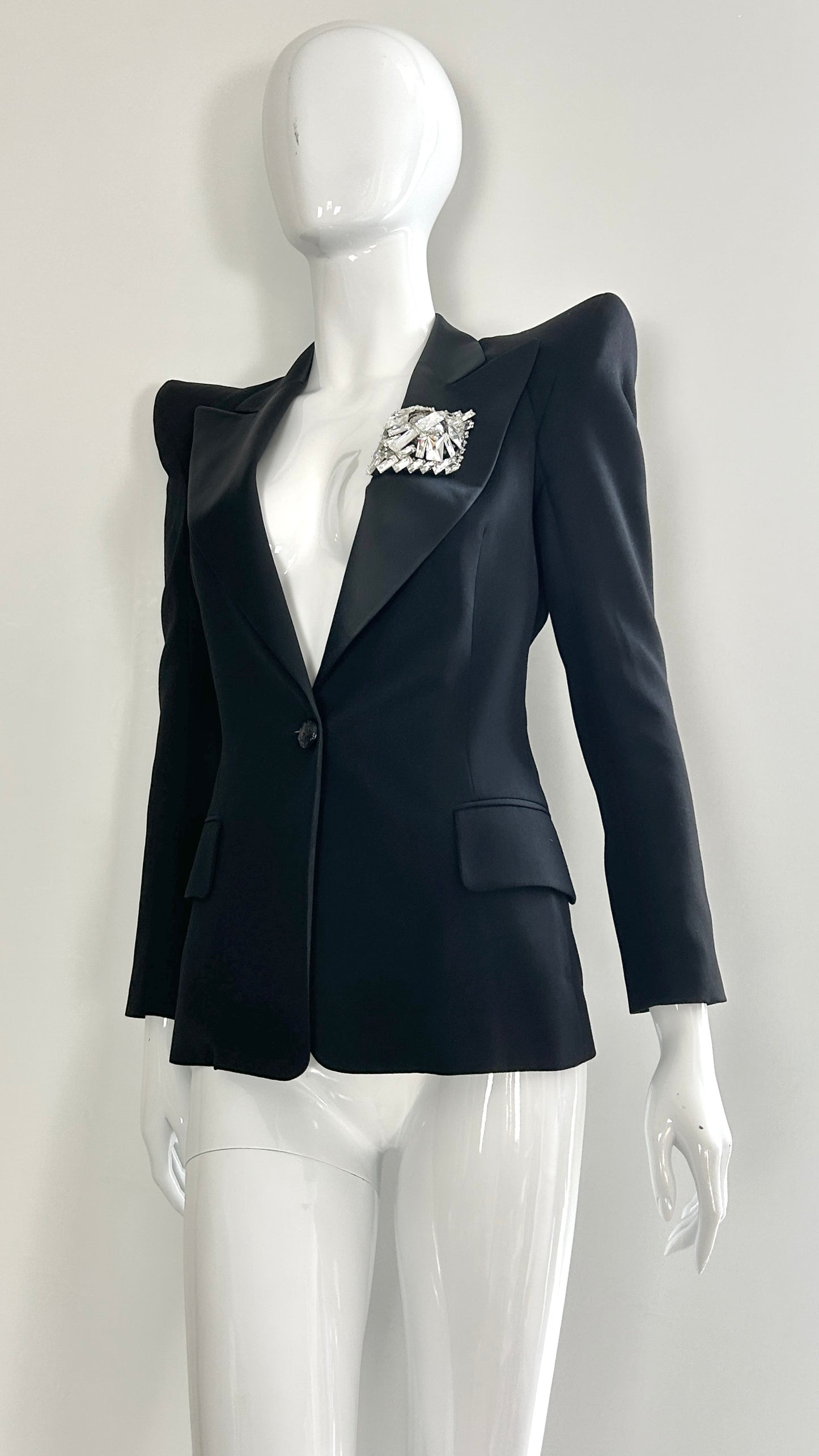 Balmain dramatic shoulder jacket with broach and embroidery