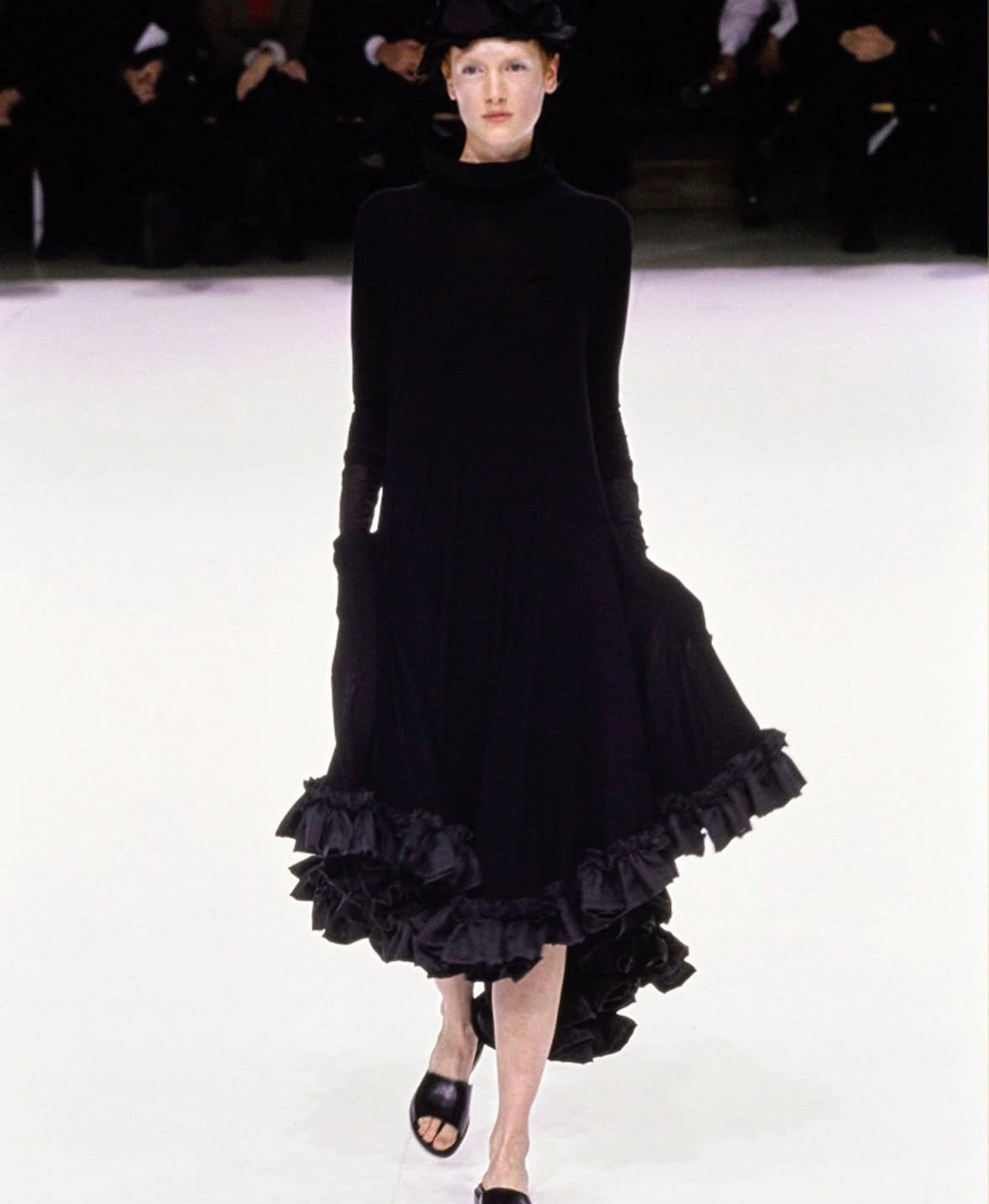 Yohji Yamamoto S/S 1999 jersey dress with grey pinstripe ruffle trim