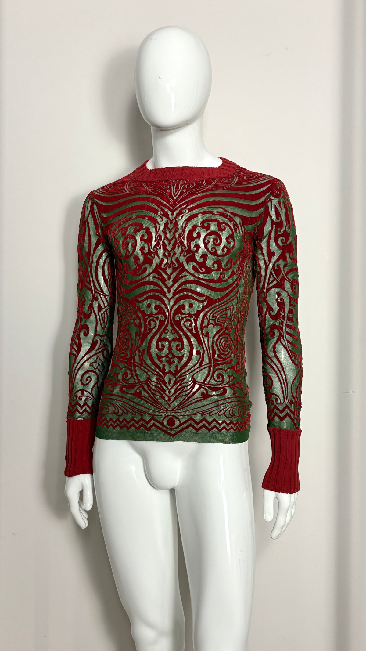Jean Paul Gaultier S/S 1996 'Cyberbaba' mesh tattoo print flocked top
