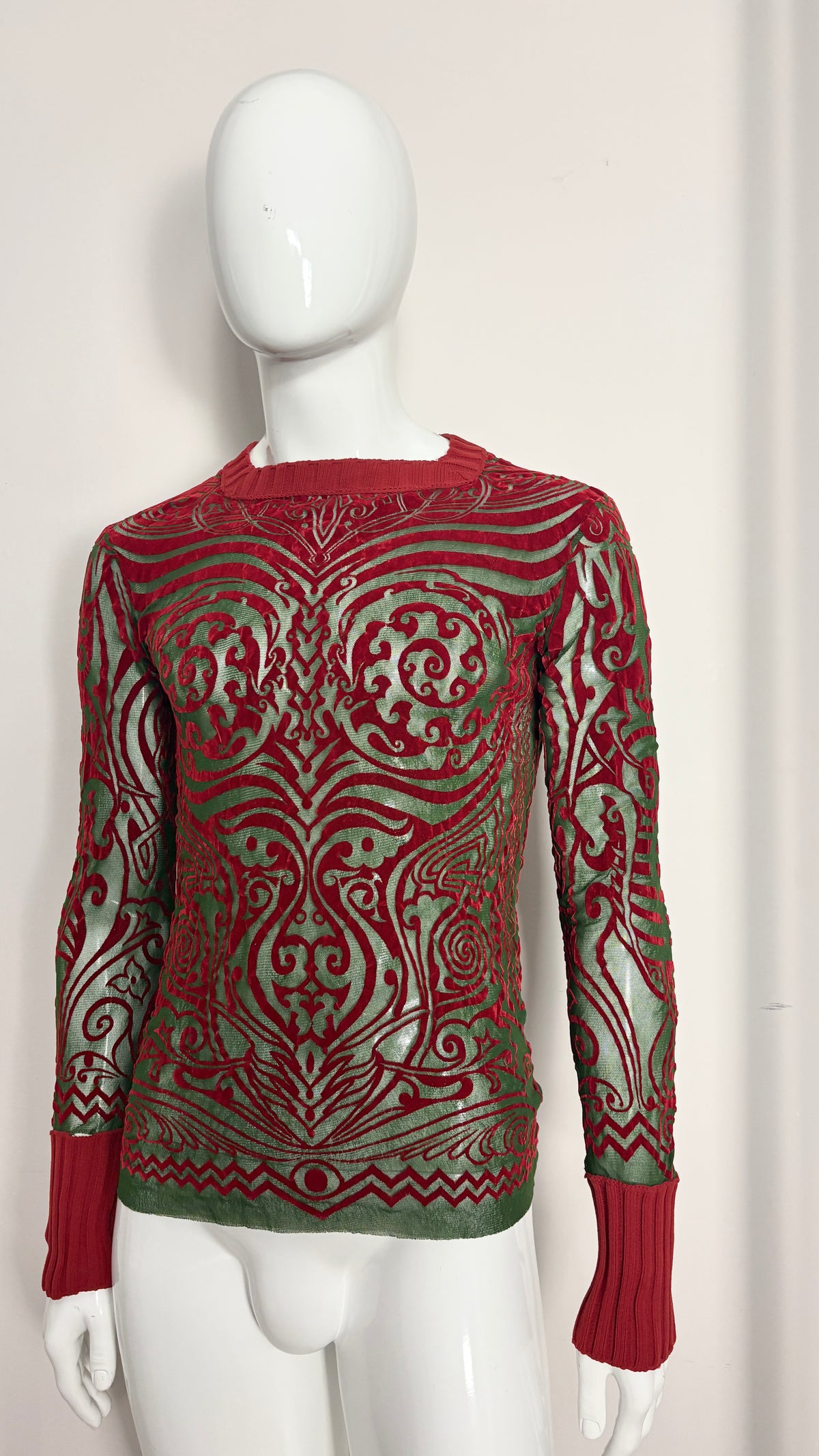 Jean Paul Gaultier S/S 1996 'Cyberbaba' mesh tattoo print flocked top