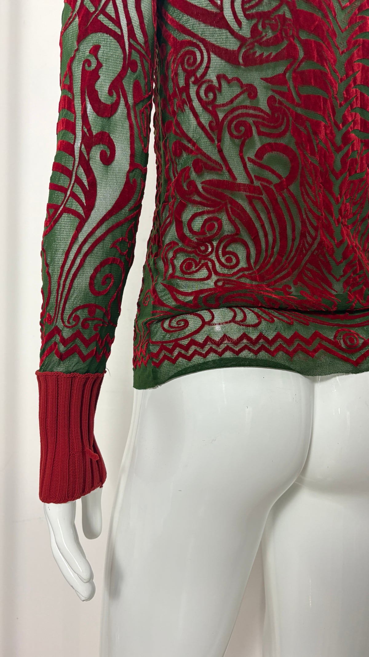 Jean Paul Gaultier S/S 1996 'Cyberbaba' mesh tattoo print flocked top