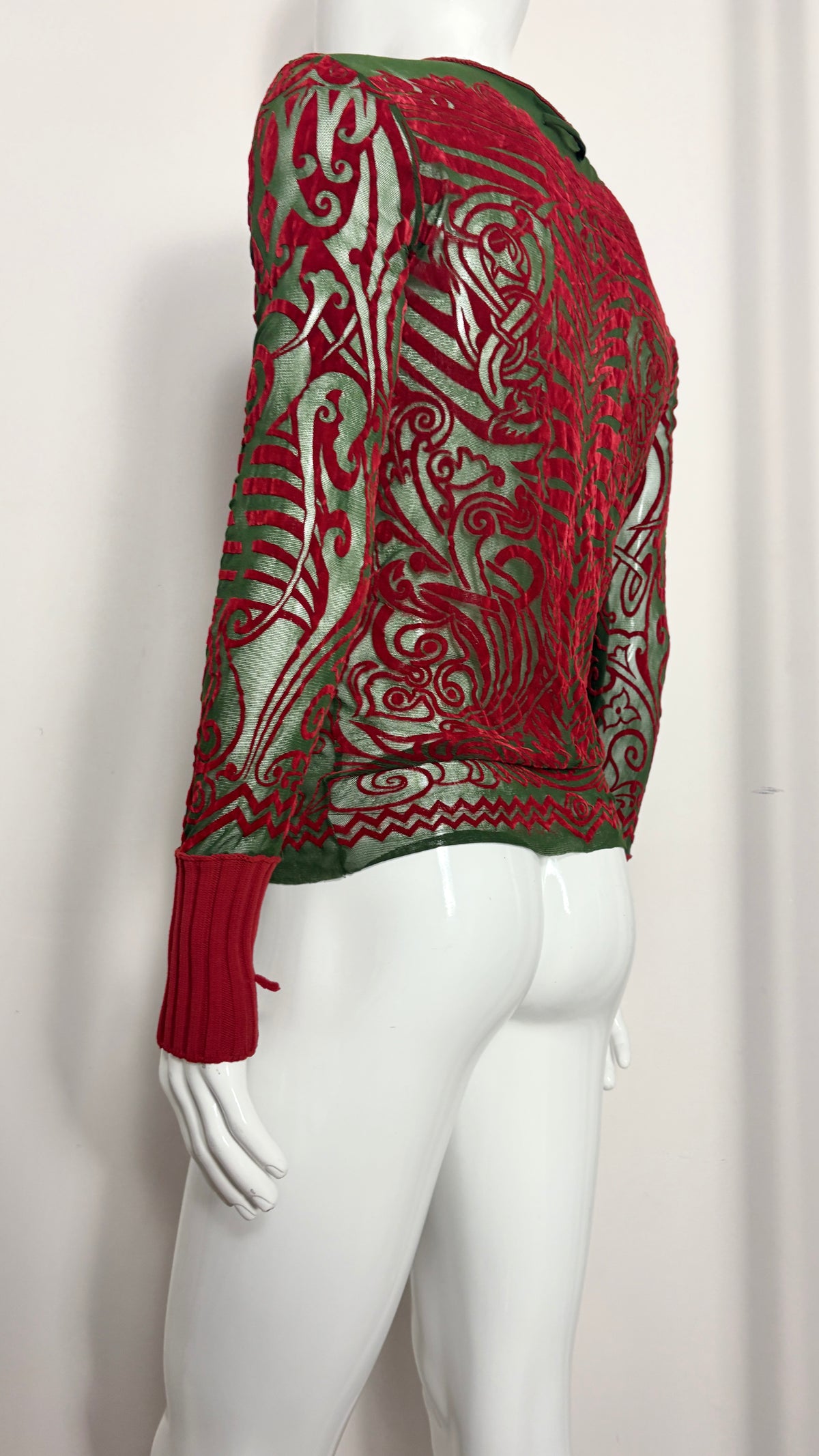 Jean Paul Gaultier S/S 1996 'Cyberbaba' mesh tattoo print flocked top