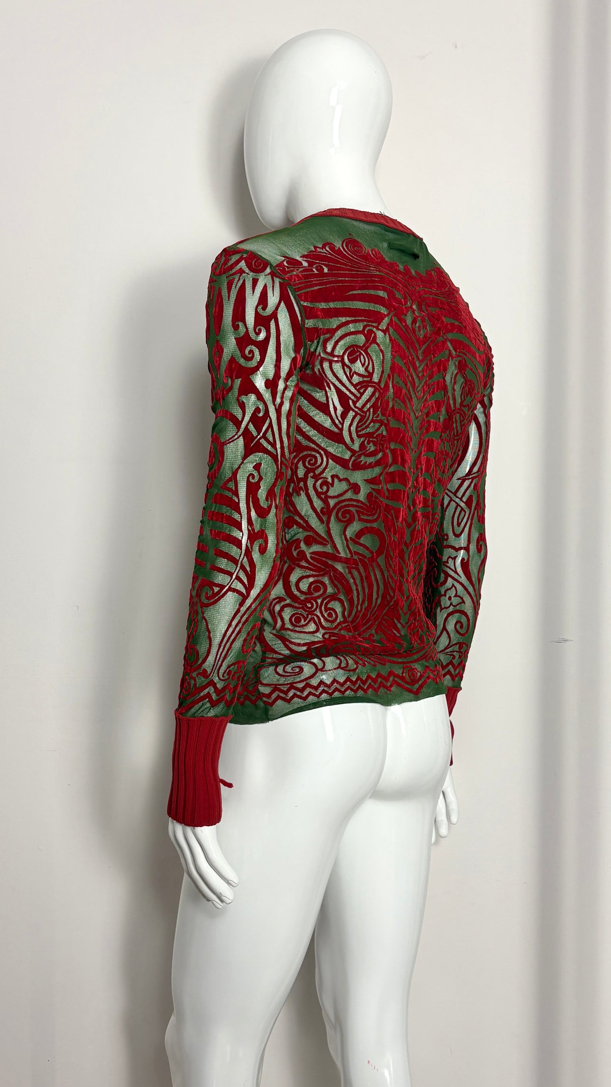 Jean Paul Gaultier S/S 1996 'Cyberbaba' mesh tattoo print flocked top