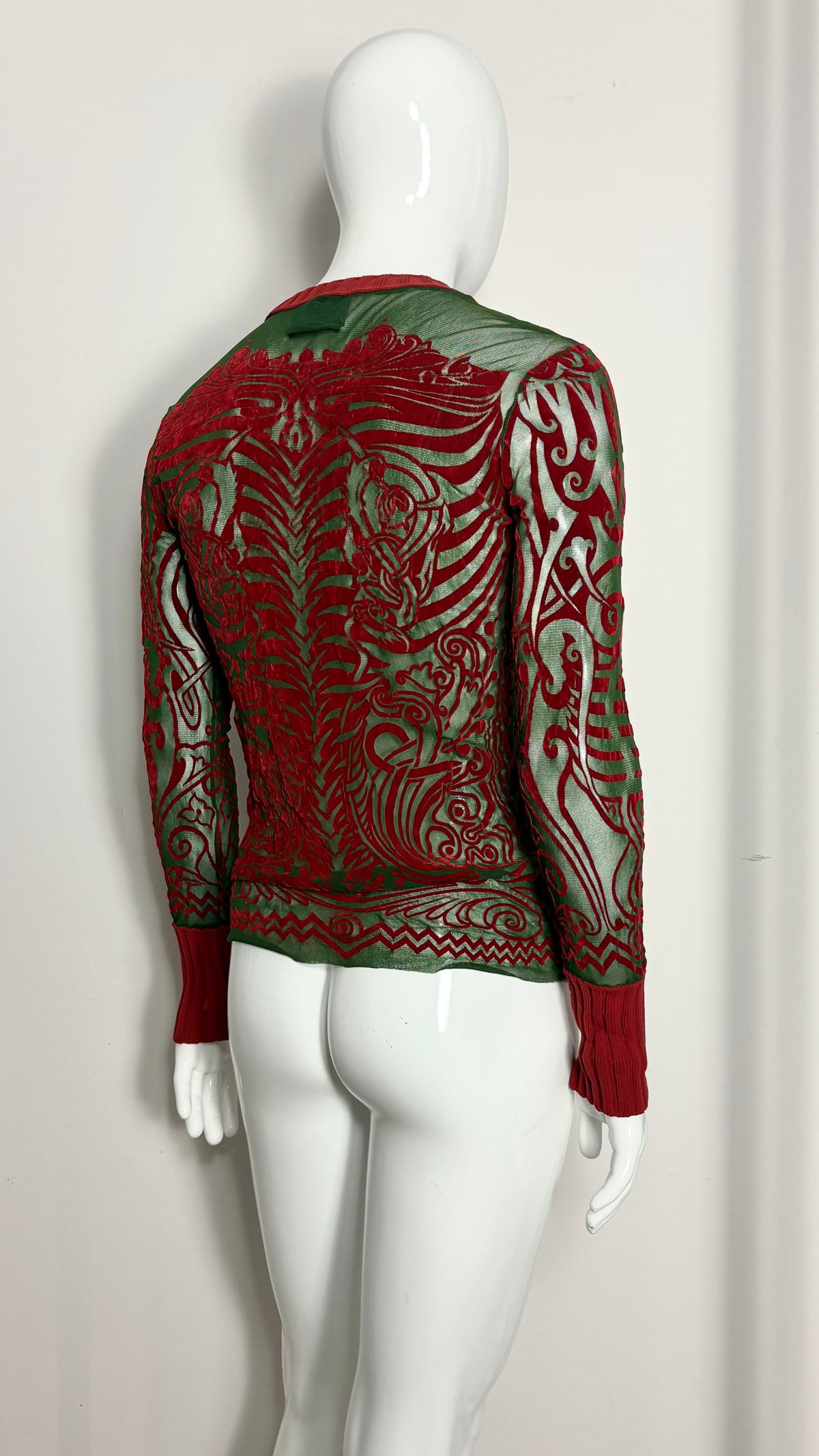 Jean Paul Gaultier S/S 1996 'Cyberbaba' mesh tattoo print flocked top