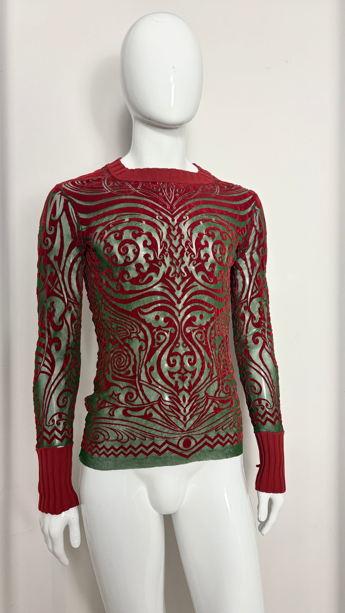 Jean Paul Gaultier S/S 1996 'Cyberbaba' mesh tattoo print flocked top