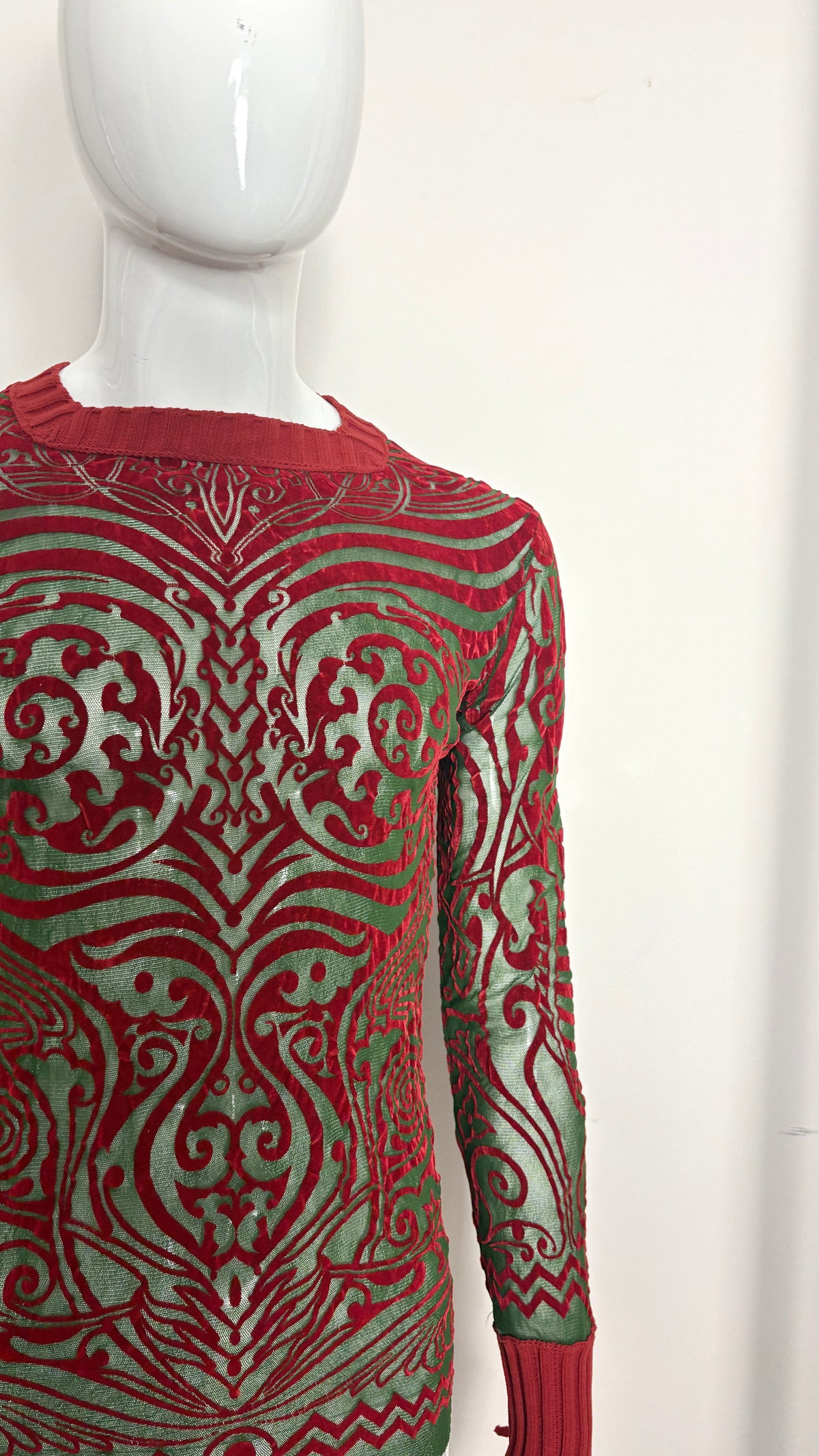 Jean Paul Gaultier S/S 1996 'Cyberbaba' mesh tattoo print flocked top