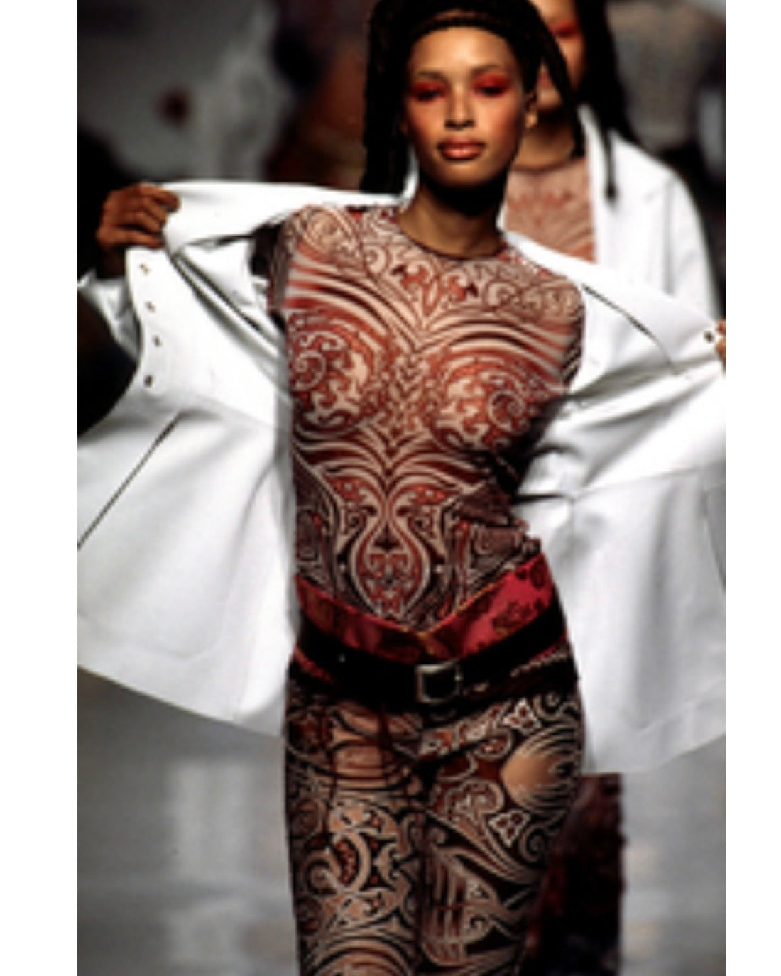 Jean Paul Gaultier S/S 1996 'Cyberbaba' mesh tattoo print flocked top