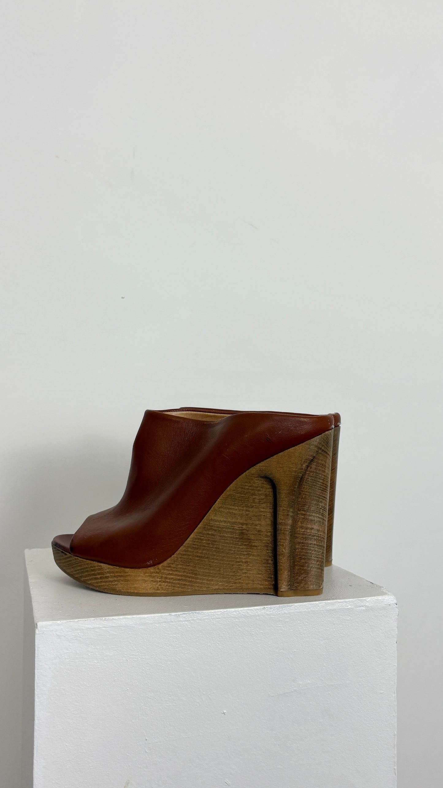Margiela trompe l’oeil carved wood wedge mule