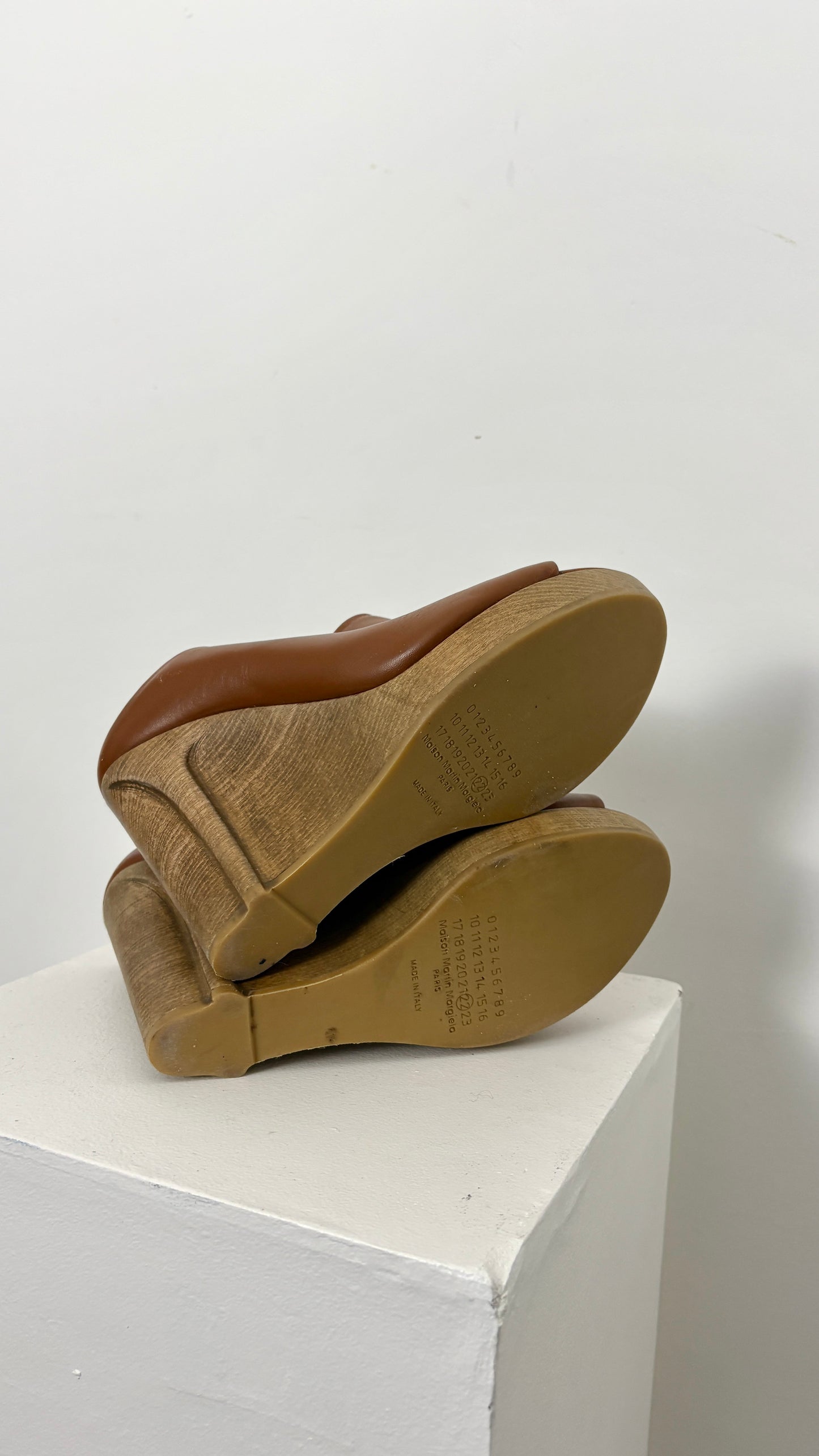 Margiela trompe l’oeil carved wood wedge mule