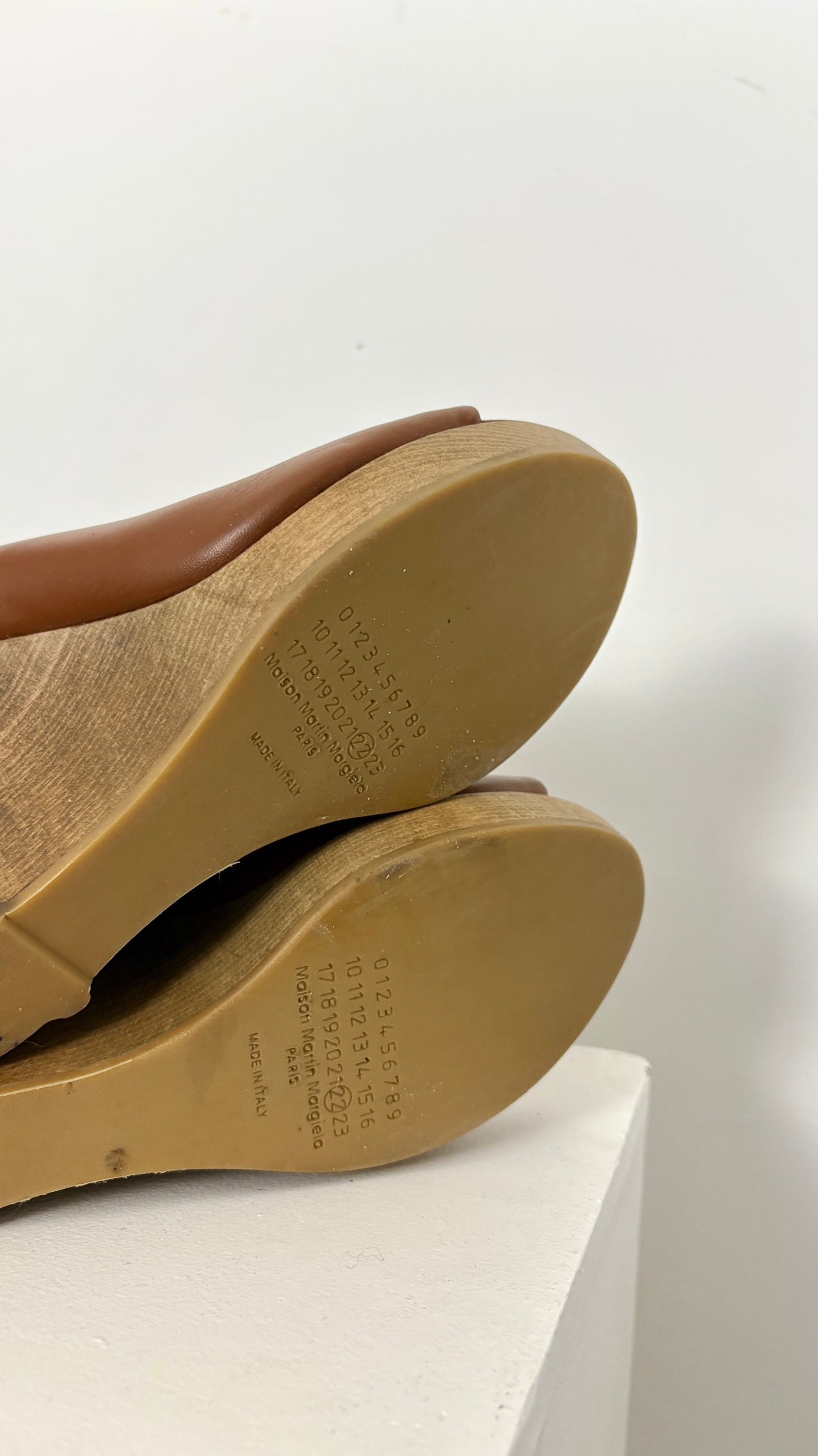 Margiela trompe l’oeil carved wood wedge mule
