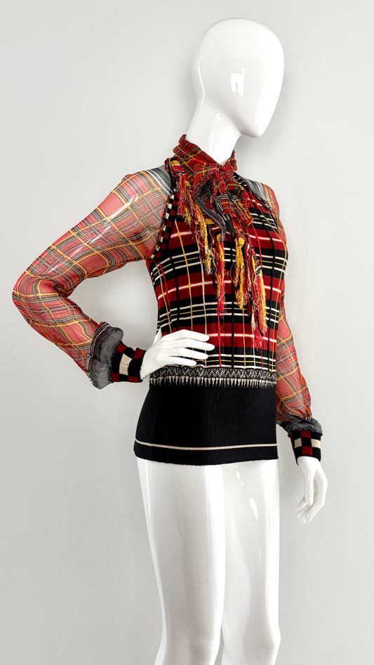 Jean Paul Gaultier tartan knit jumper with sheer sleeves and fringe scarf