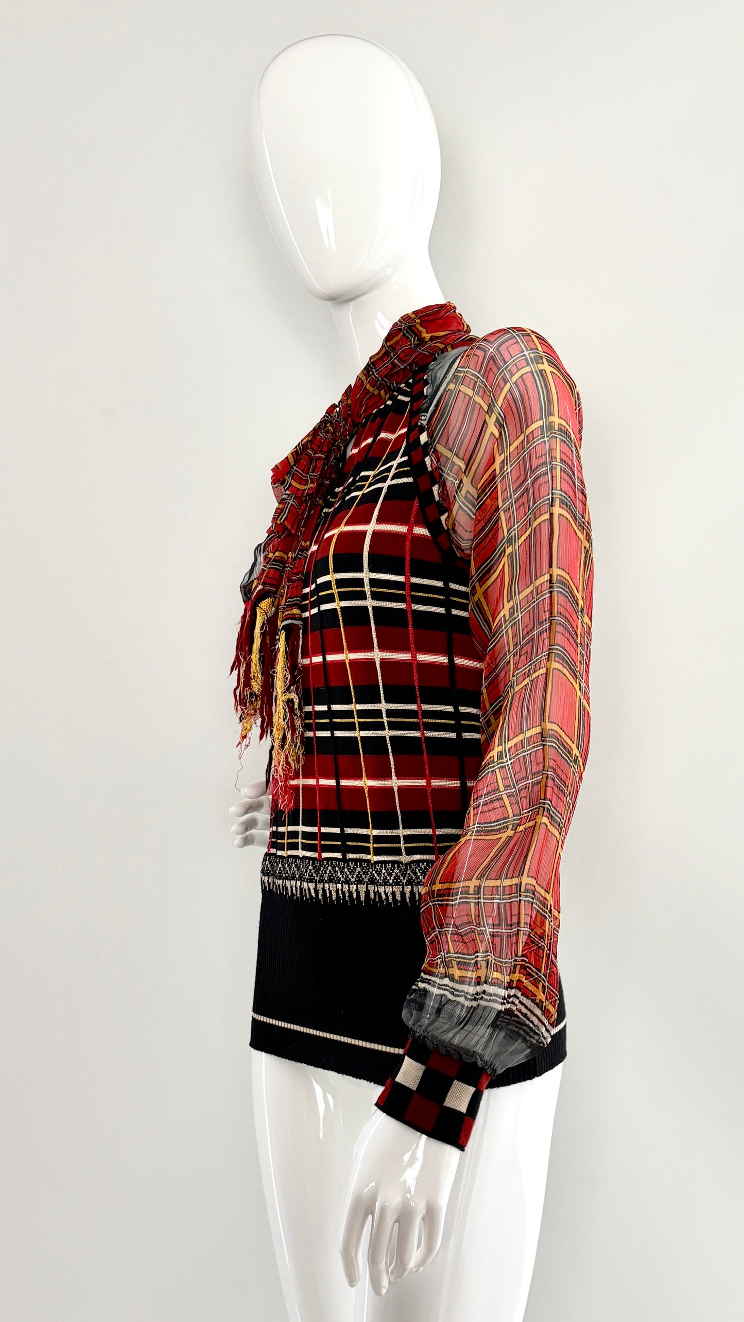 Jean Paul Gaultier tartan knit jumper with sheer sleeves and fringe scarf