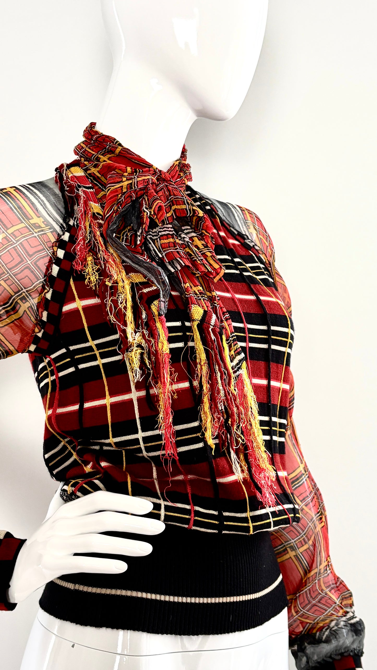 Jean Paul Gaultier tartan knit jumper with sheer sleeves and fringe scarf